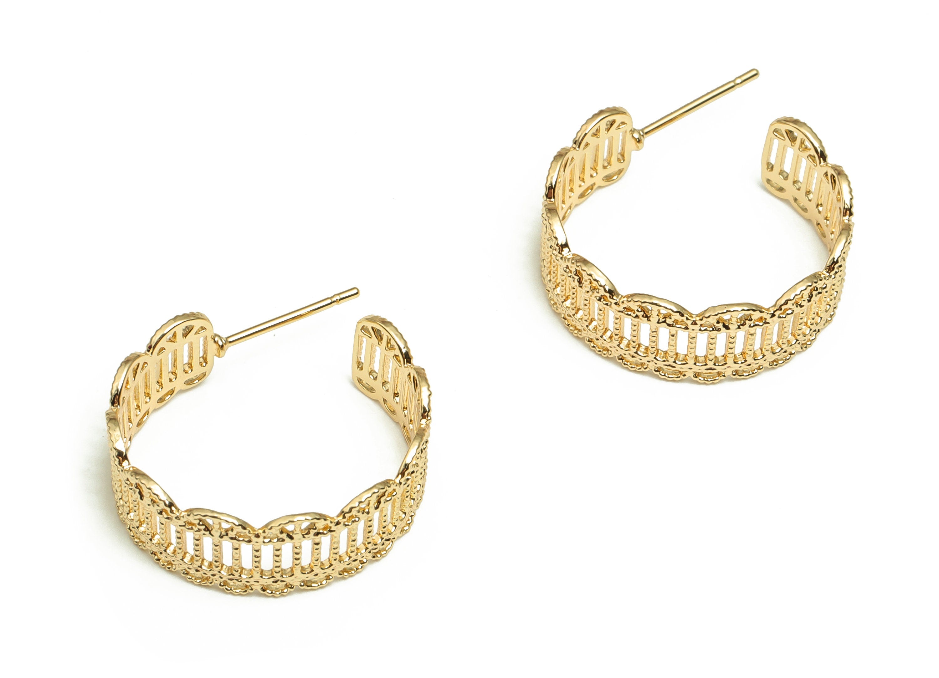 Brass Texture C Earring Post - Gold C Earring Stud - 18K Real Gold Plated Brass - Stainless Steel Stud - 21.69x16.69x1.14mm - RGP4077 - DOMEDBAZAAR