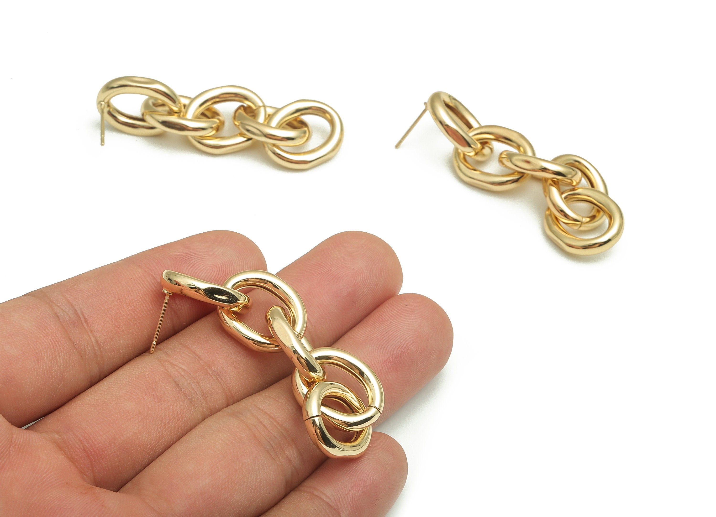 Brass Oval Earring Stud - 5 Oval Rings Earring Post – Gold Oval Chain Stud - 18K Real Gold Plated Brass – 60.03x13.46x4.27mm - RGP4101 - DOMEDBAZAAR