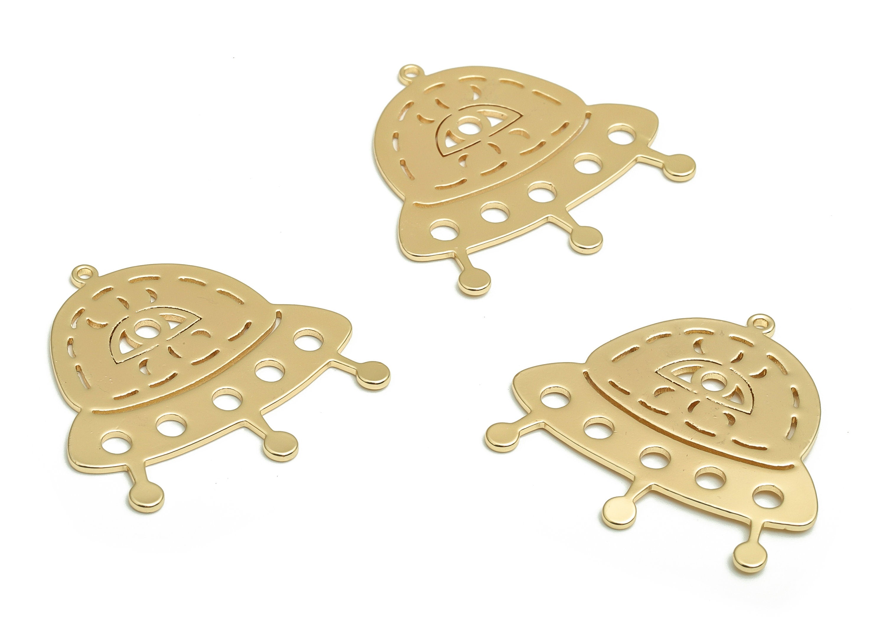 Brass UFO Earring Charms - Gold Eye Pendant - 18K Real Gold Plated Brass - Jewelry Making Supplies - 30.28x29.22x0.97mm- RGP4074 - DOMEDBAZAAR