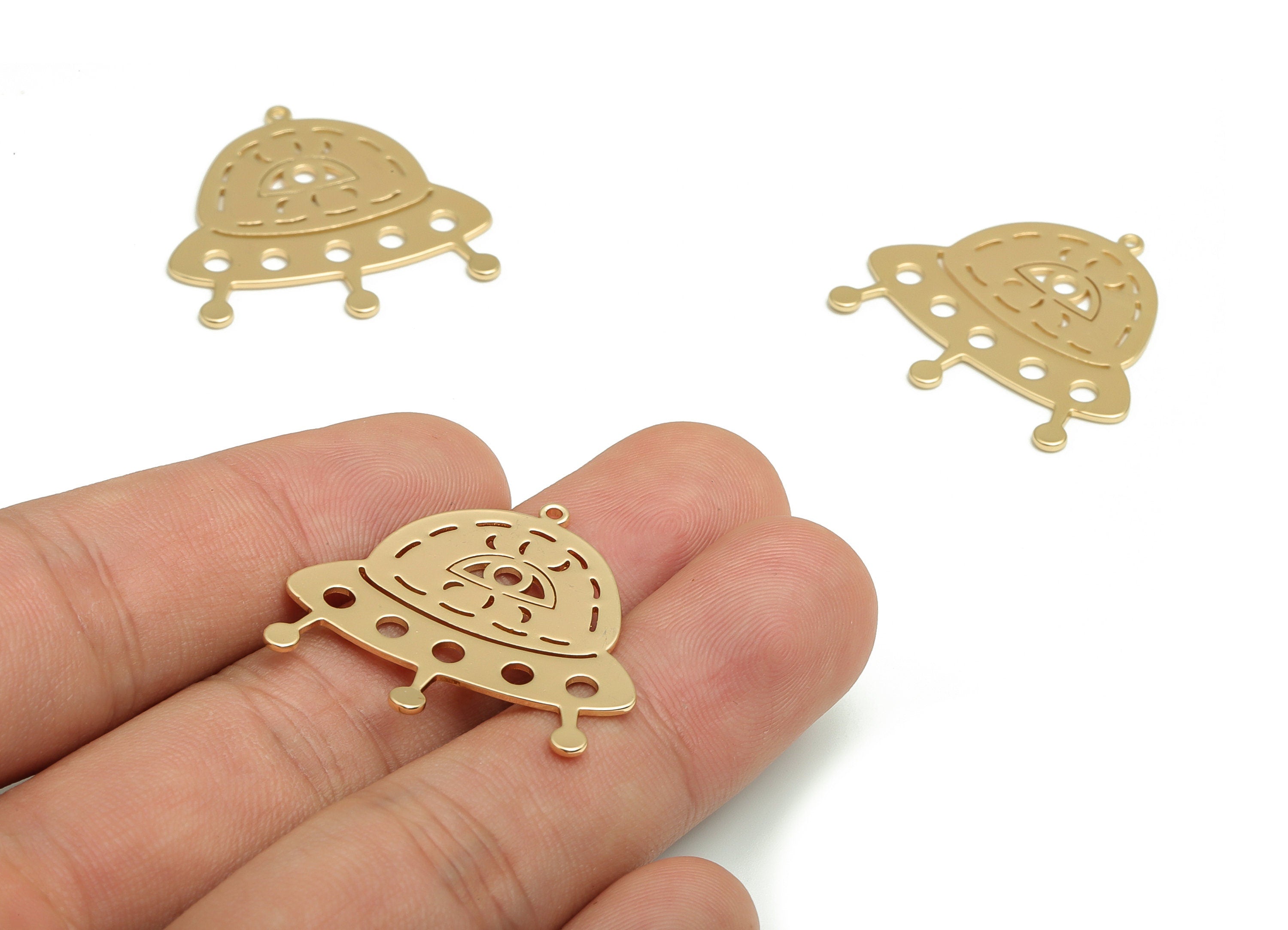 Brass UFO Earring Charms - Gold Eye Pendant - 18K Real Gold Plated Brass - Jewelry Making Supplies - 30.28x29.22x0.97mm- RGP4074 - DOMEDBAZAAR