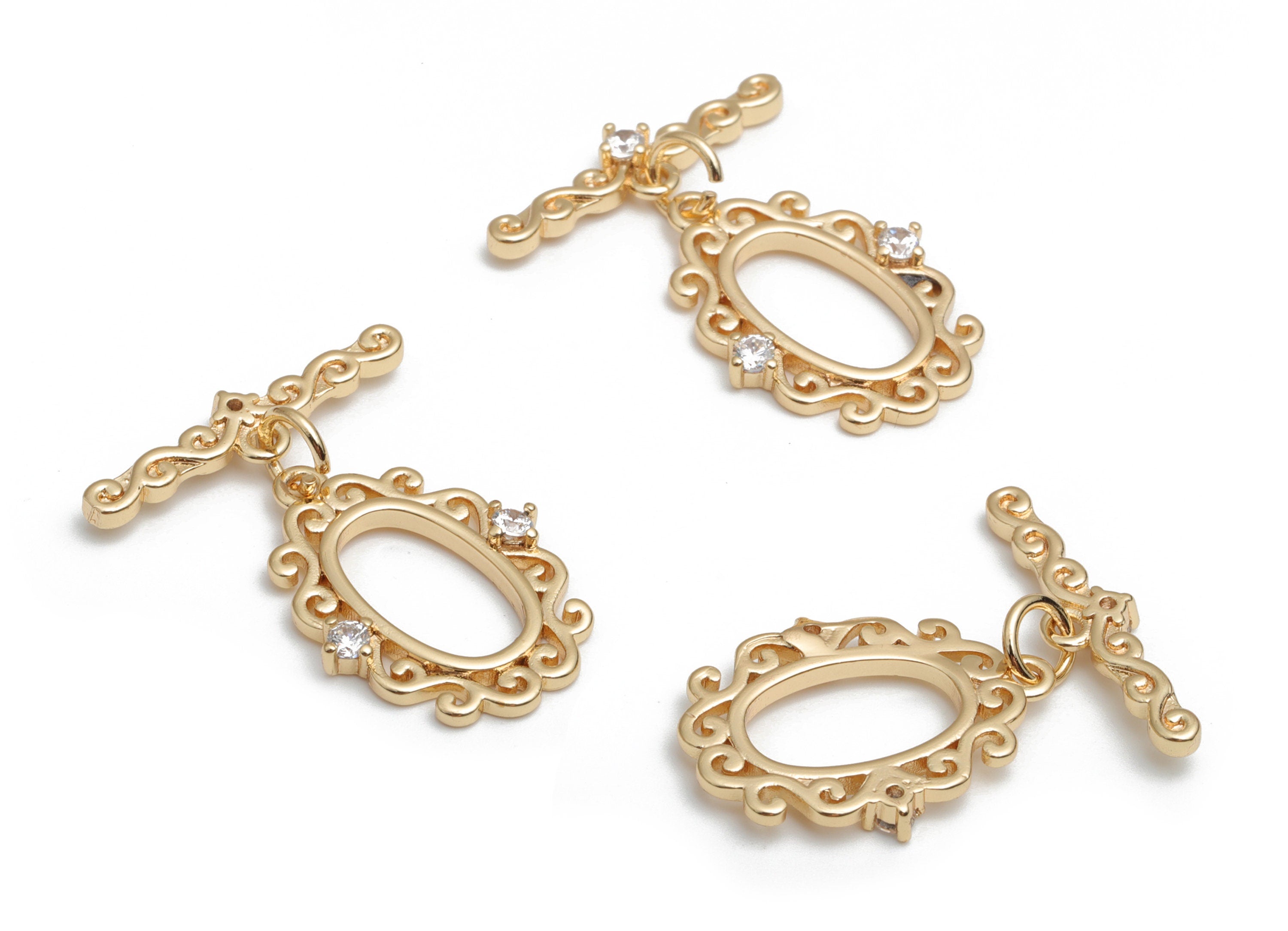 Oval Toggle Clasp With Zircons - Gold Tone Clover Toggle Clasp - 18K Real Gold Plated Brass - Jewelry Supplies - 26.74x20.81x2.54mm- RGP4055 - DOMEDBAZAAR