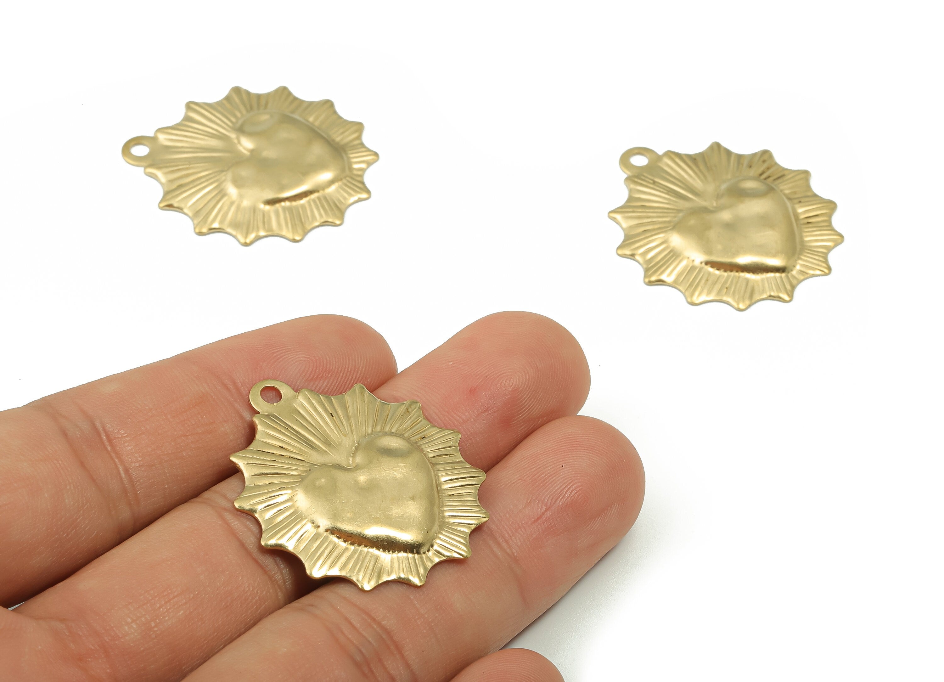 Brass Relief Heart Earring Charms - Raw Brass Sun Heart Pendant - DIY Jewelry Making Supplies - 33.63x29.97x1.59mm - PP4881 - DOMEDBAZAAR