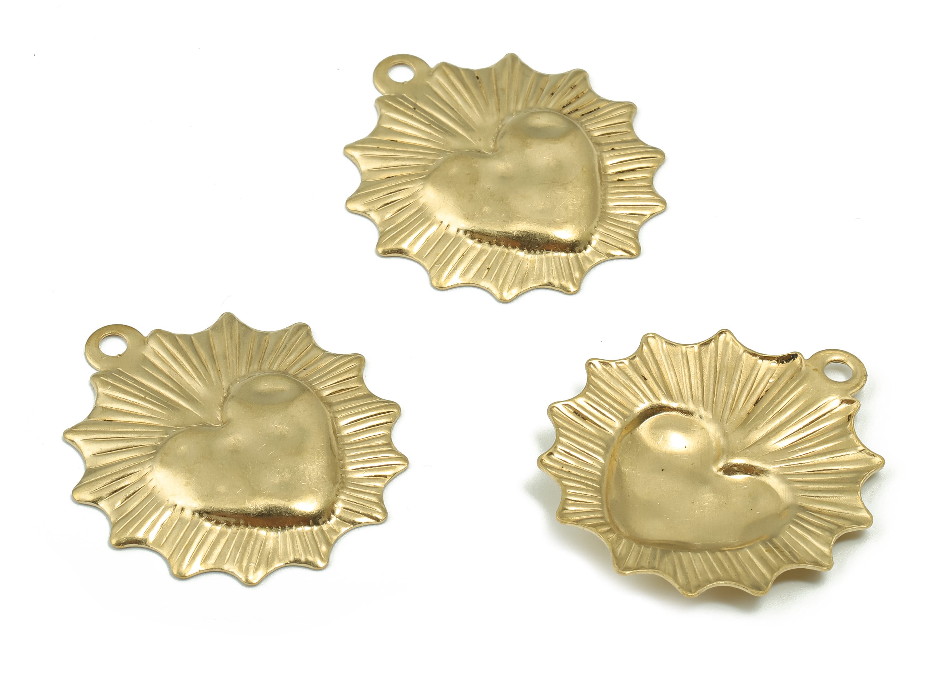 Brass Relief Heart Earring Charms - Raw Brass Sun Heart Pendant - DIY Jewelry Making Supplies - 33.63x29.97x1.59mm - PP4881 - DOMEDBAZAAR