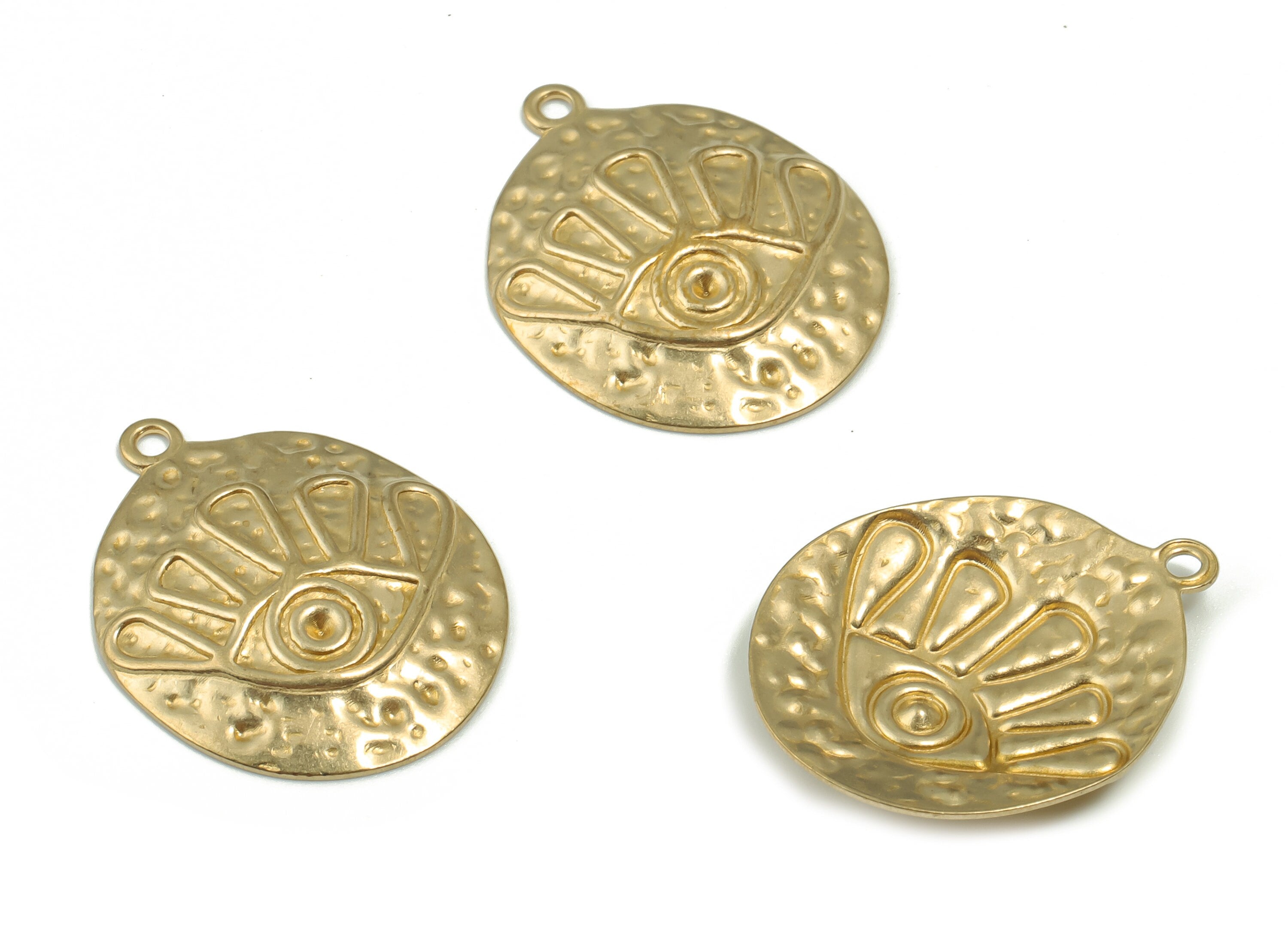 Brass Hammered Round Eye Earring Charms - Raw Brass Eye Circle Pendant - DIY Jewelry Making Supplies - 22.58x17.97x0.73mm - PP4882 - DOMEDBAZAAR
