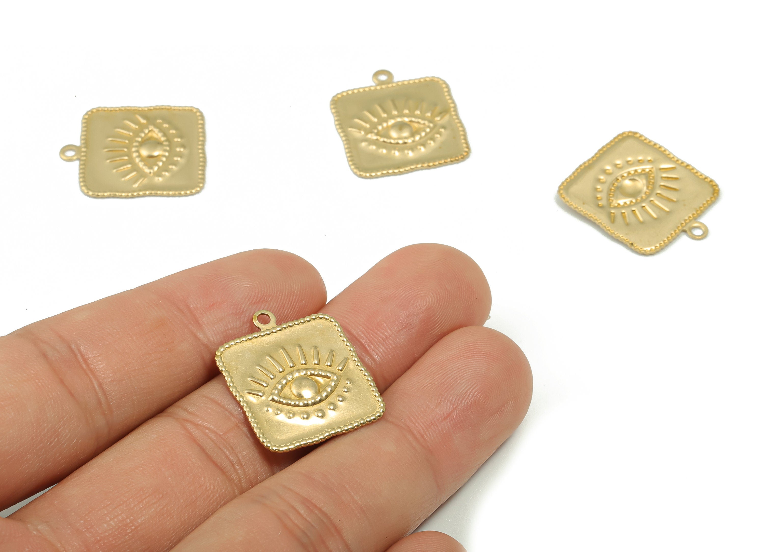 Brass Square Eye Earring Charms - Raw Brass Eyelash Square Pendant - DIY Jewelry Making Supplies - 22.18x19.06x1.03mm - PP4885 - DOMEDBAZAAR
