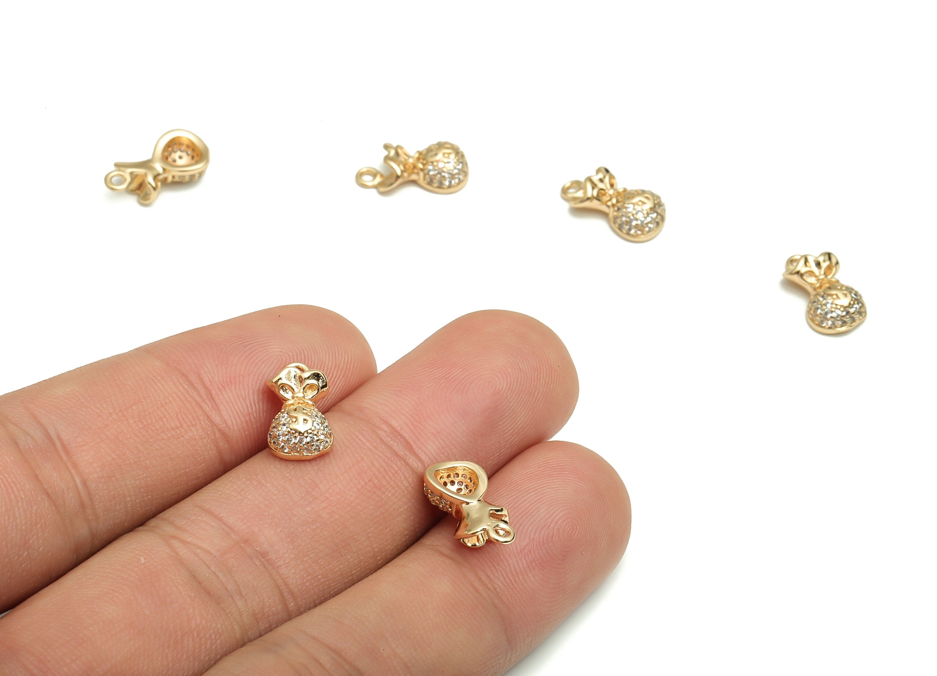 Brass Purse Earring Charms With Zircons - Gold Purse Pendant - 18K Real Gold Plated Brass - Jewelry Supplies - 13.43x6.8x3.87mm- RGP4084 - DOMEDBAZAAR