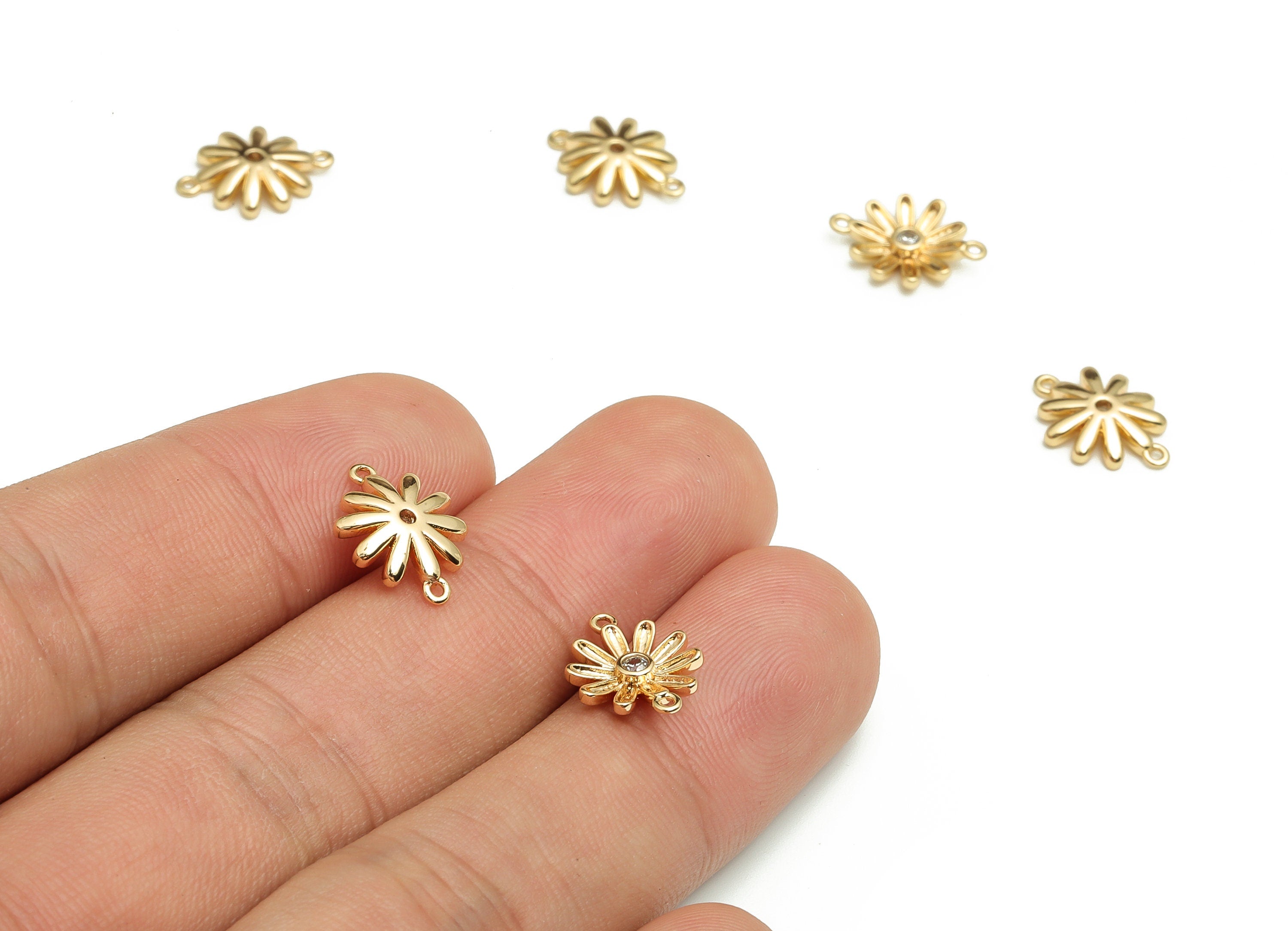 Brass Flower Earring Connector With Zircon - Gold Flower Charms - 18K Real Gold Plated Brass - Jewelry Supplies - 13.25x9.73x2.2mm - RGP4108 - DOMEDBAZAAR