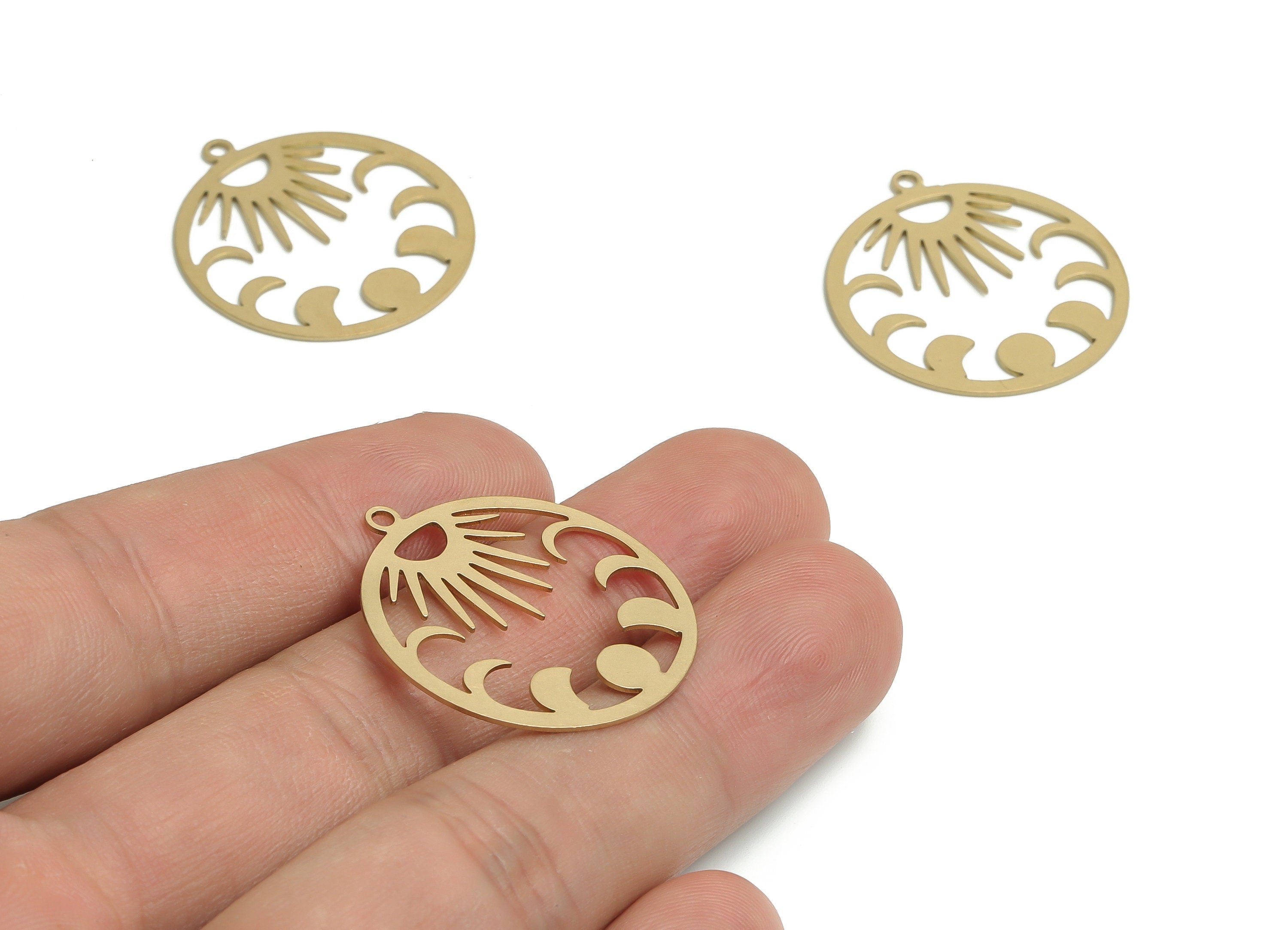Brass Round Earring Charms - Raw Brass Moon Sun Pendant – Moon Phases - Jewelry Making Supplies - 29.9x27.19x0.64mm - PP4775 - DOMEDBAZAAR