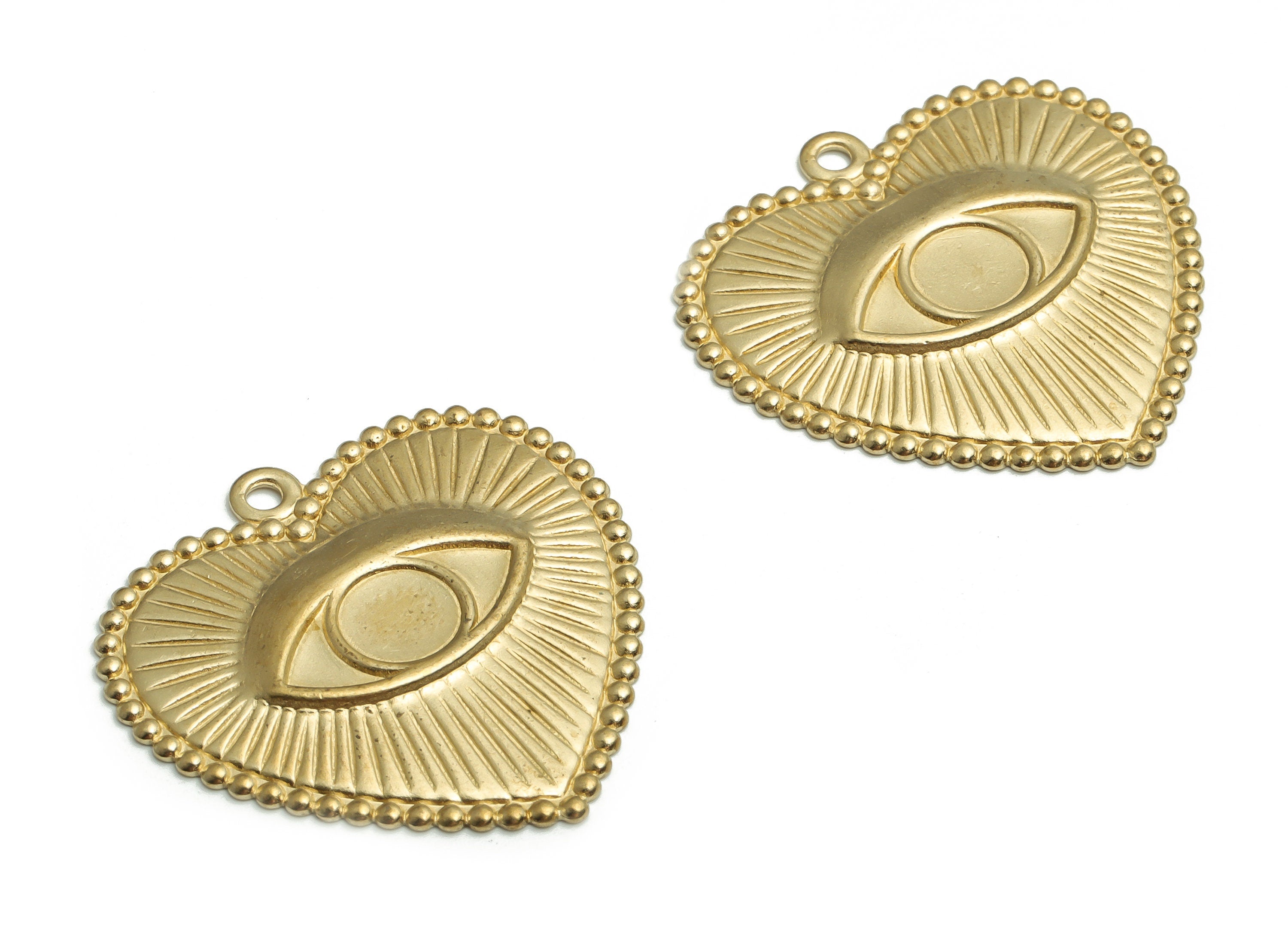 Brass Heart Earring Charms - Raw Brass Evil Eye Necklace Pendant - DIY Jewelry Making Supplies - 28.41x27.99x2.1mm- PP4726 - DOMEDBAZAAR