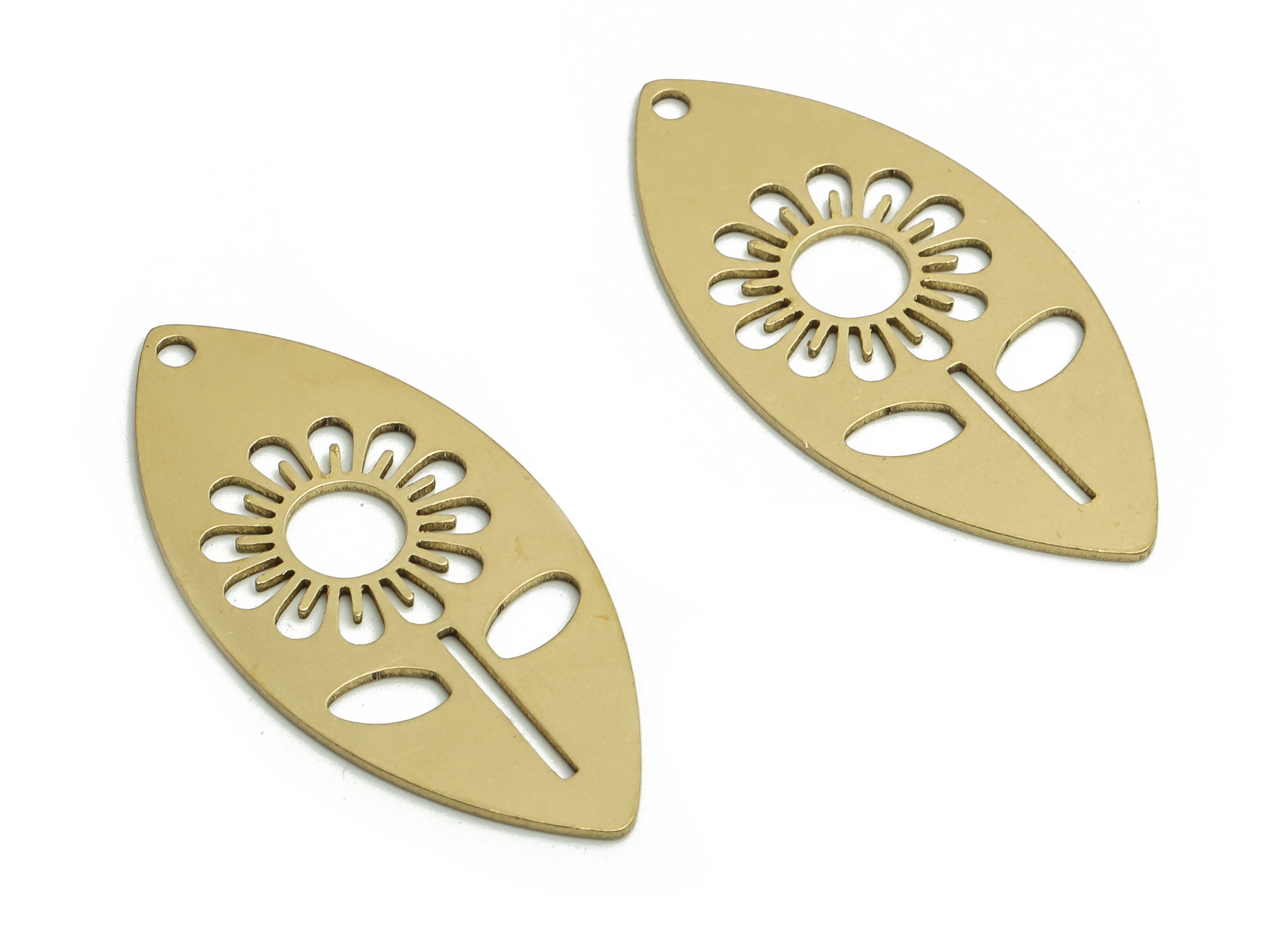 Raw Brass Oval Sunflower Pendant – Brass Oval Flower Earring Charm - Jewelry Making Supplies - 31.01x14.54x0.58mm - PP4754 - DOMEDBAZAAR