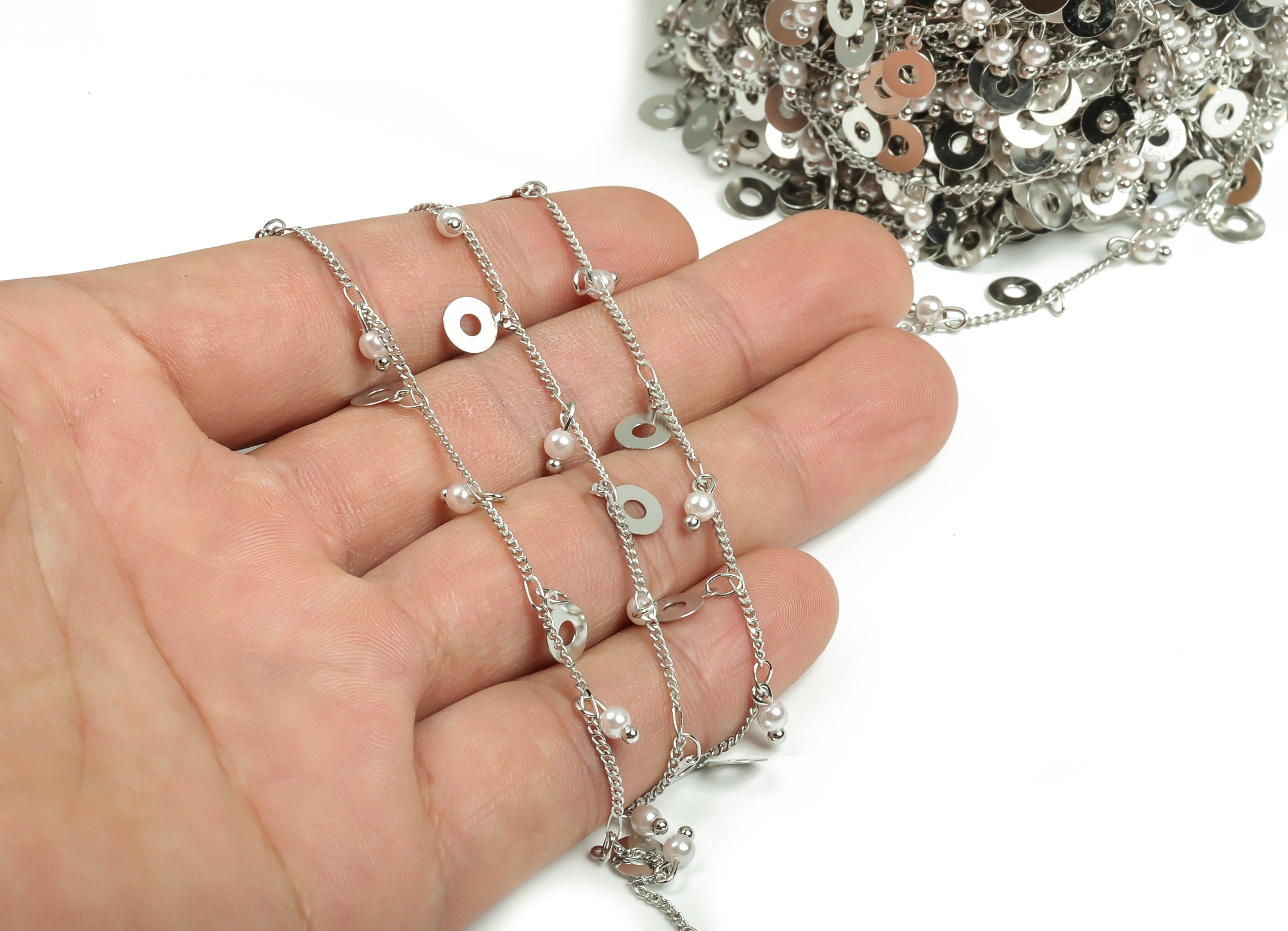 Pearl Satellite Curb Chain - Silver Tone Plated Brass Chain - Soldered Round Bead Chain - For Necklace Bracelet 0.05&quot;x0.05&quot;x0.2&quot; CC1211S - DOMEDBAZAAR