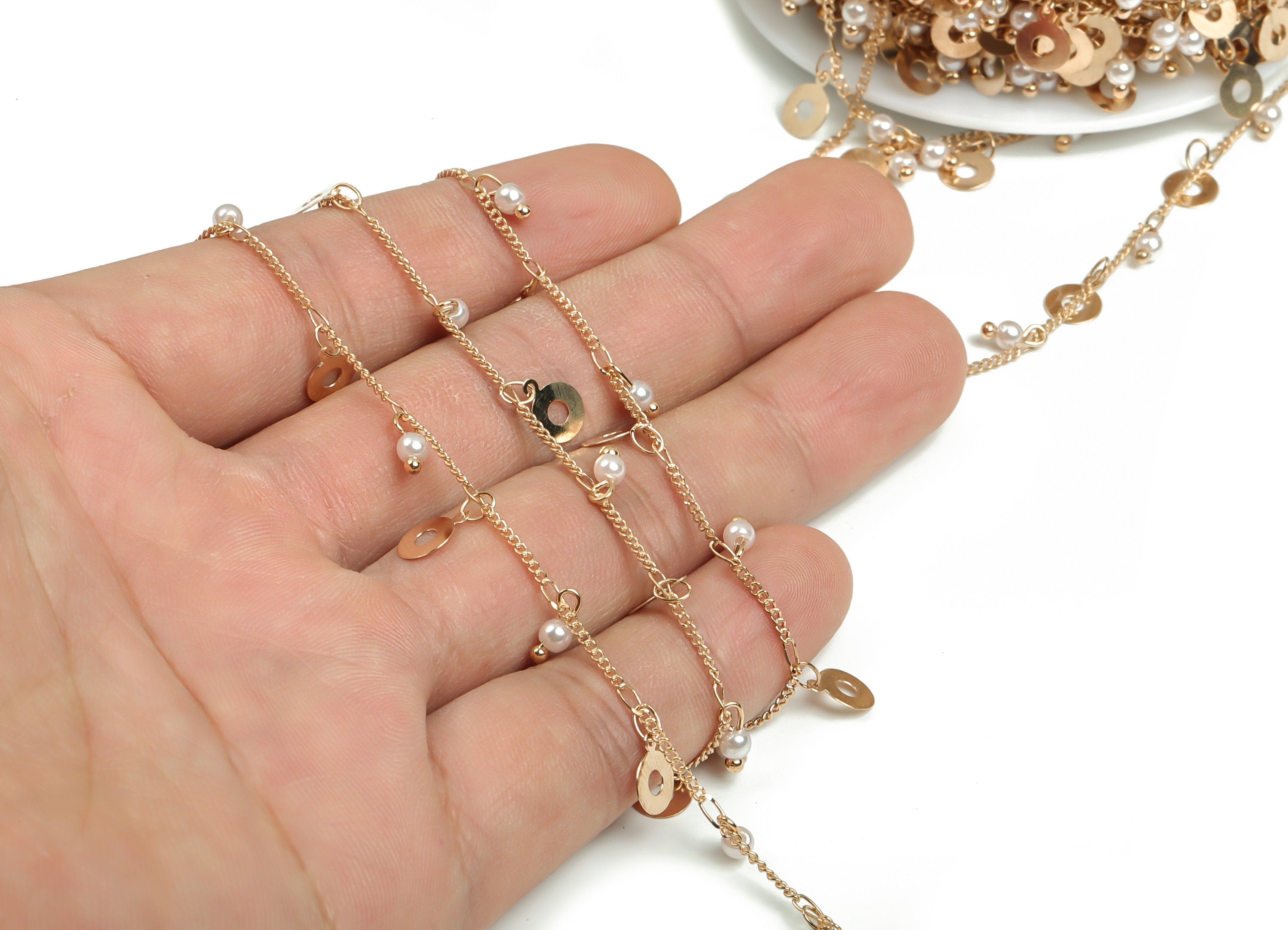 Pearl Satellite Curb Chain - KC Gold Tone Plated Brass Chain - Soldered Round Bead Chain - For Necklace Bracelet 0.05&quot;x0.05&quot;x0.2&quot; CC1211G - DOMEDBAZAAR