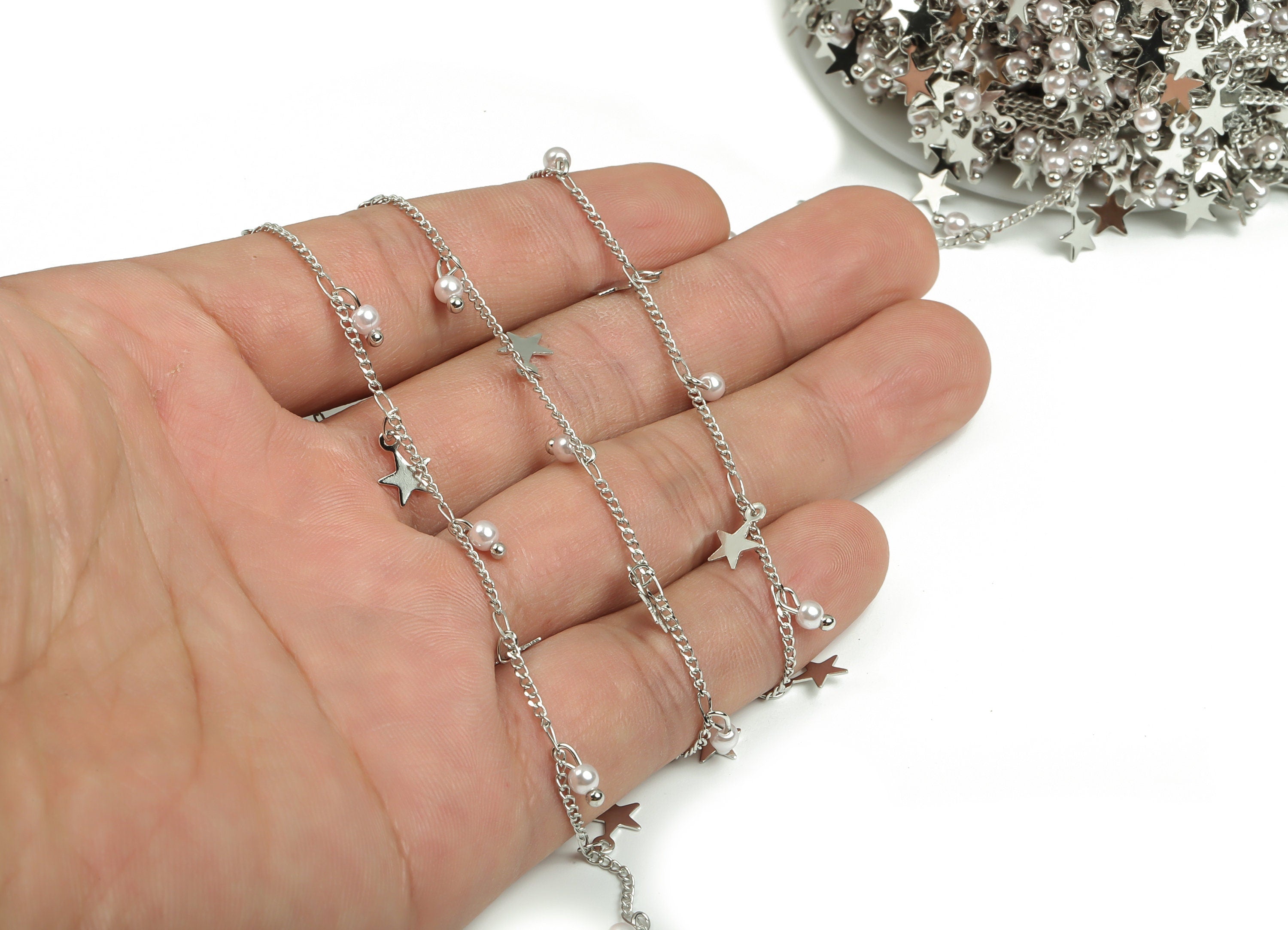 Pearl Satellite Curb Chain - Silver Tone Plated Brass Bead Chain - Soldered Star Bead Chain -For Necklace Bracelet 0.08&quot;x0.05&quot;x0.02&quot; CC1212S - DOMEDBAZAAR