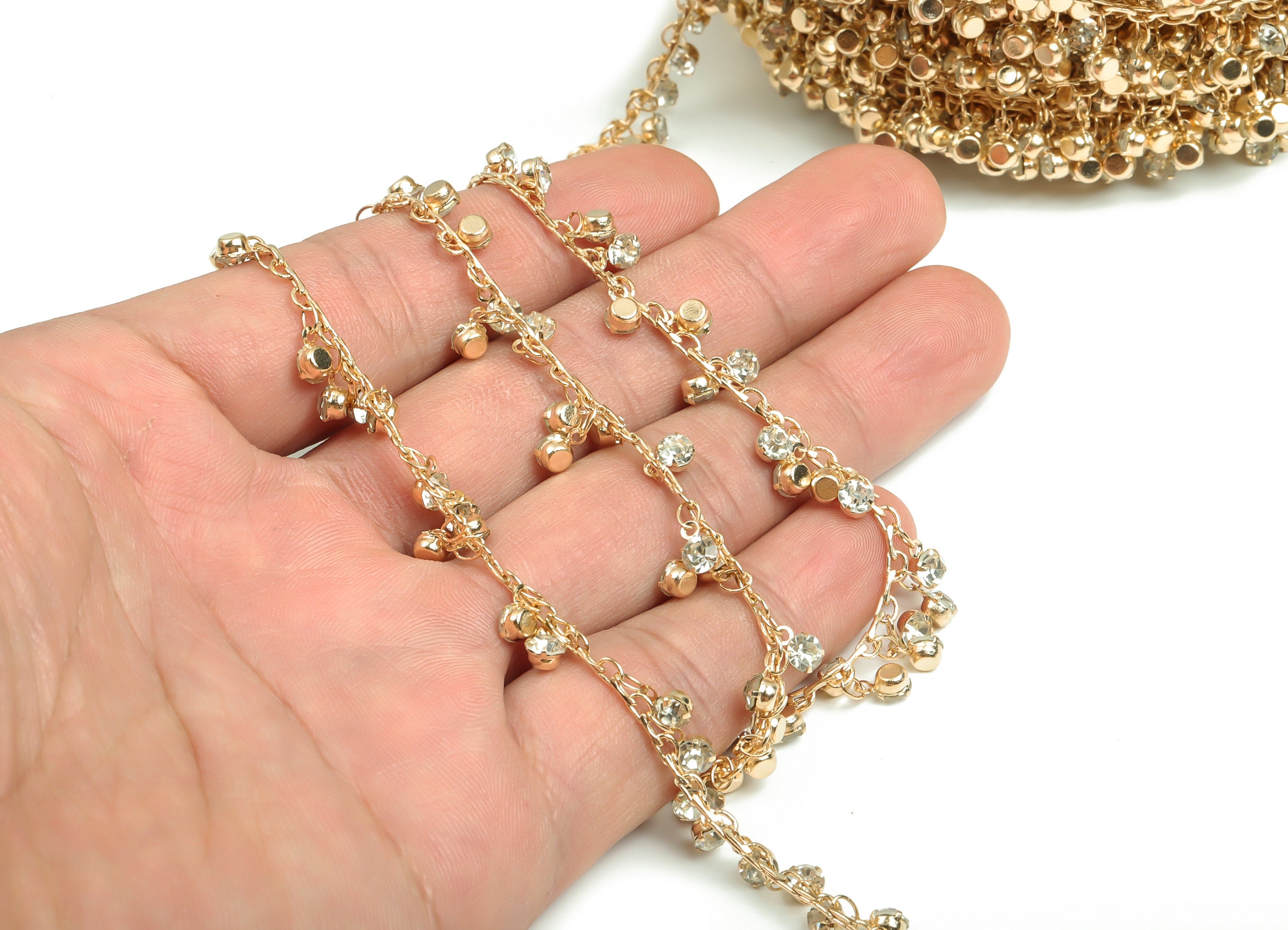 Glass Satellite Bead Chain - KC Gold Tone Plated Brass Chain - Soldered Glass Beaded Chain - For Bracelet 0.13&quot; x 0.05&quot; x 0.02&quot; CC1214G - DOMEDBAZAAR