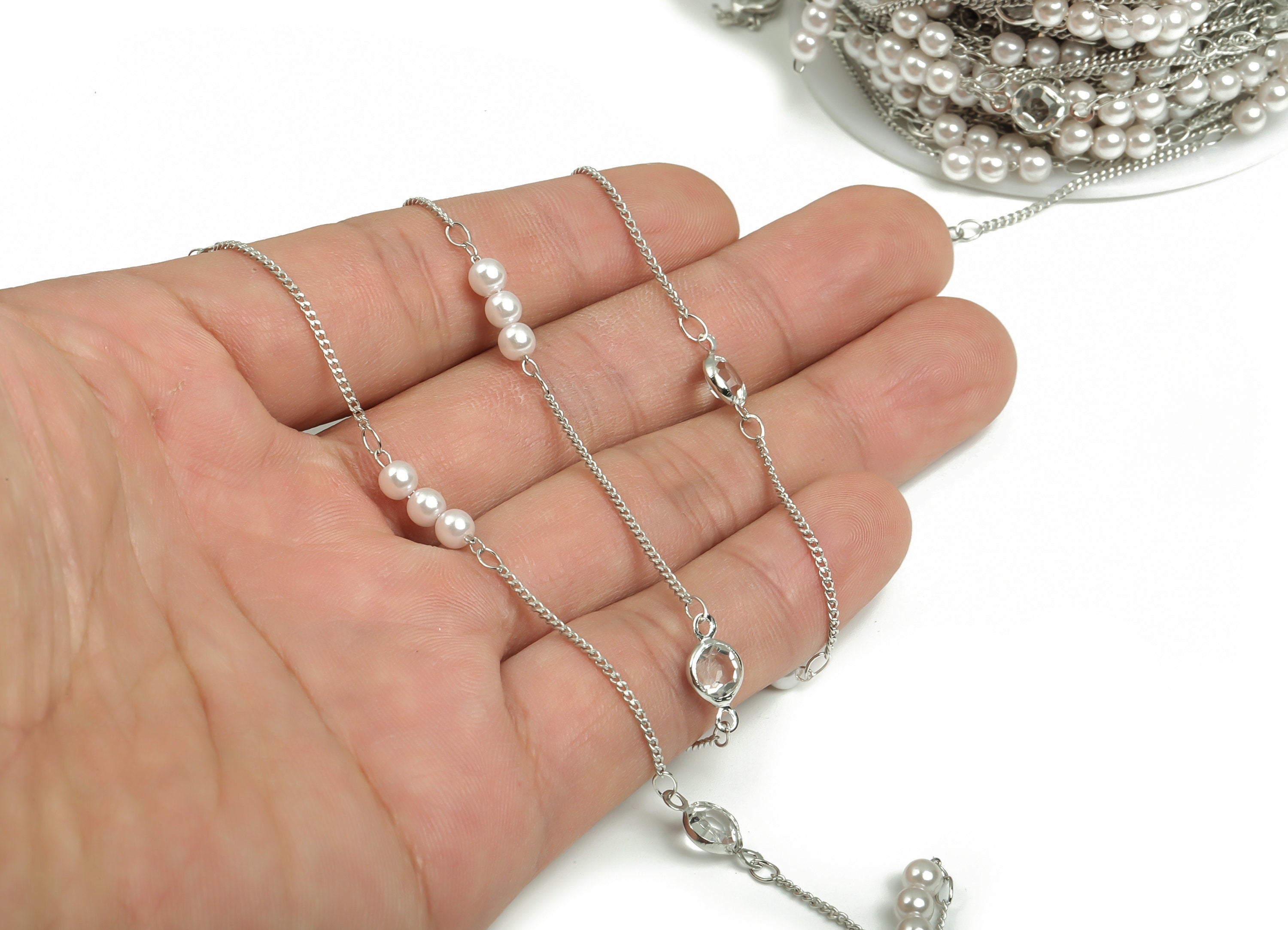 Pearl Glass Satellite Curb Chain - Silver Tone Plated Brass Chain - Soldered Round Glass Beaded Chain-For Bracelet 0.05&quot;x0.05&quot;x0.03&quot; CC1215S - DOMEDBAZAAR