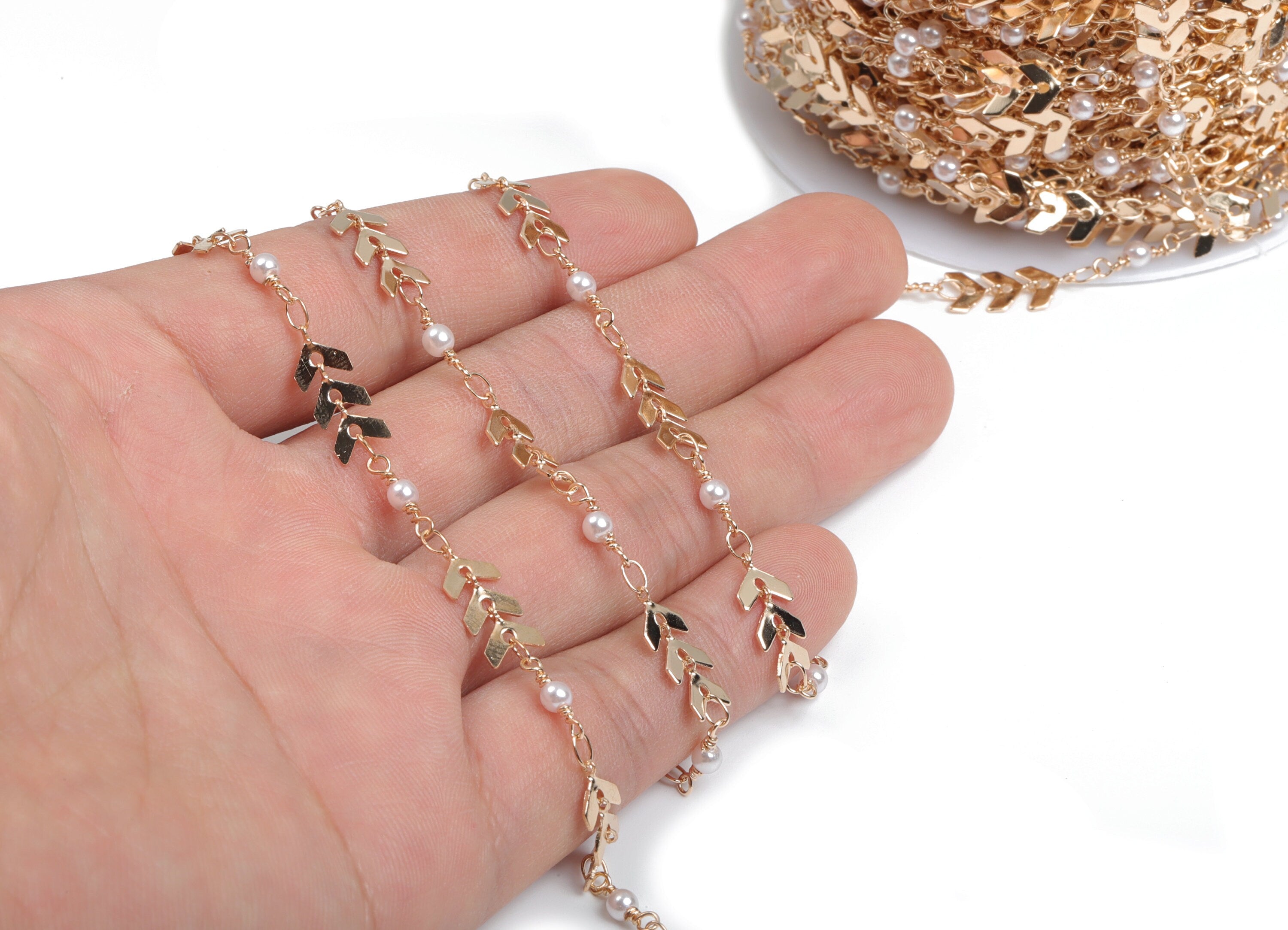 Pearl Satellite Arrow Chain - KC Gold Tone Plated Brass Chain - Soldered Beaded Chain - For Necklace Bracelet 0.26&quot;x0.25&quot;x0.02&quot; CC1216G - DOMEDBAZAAR