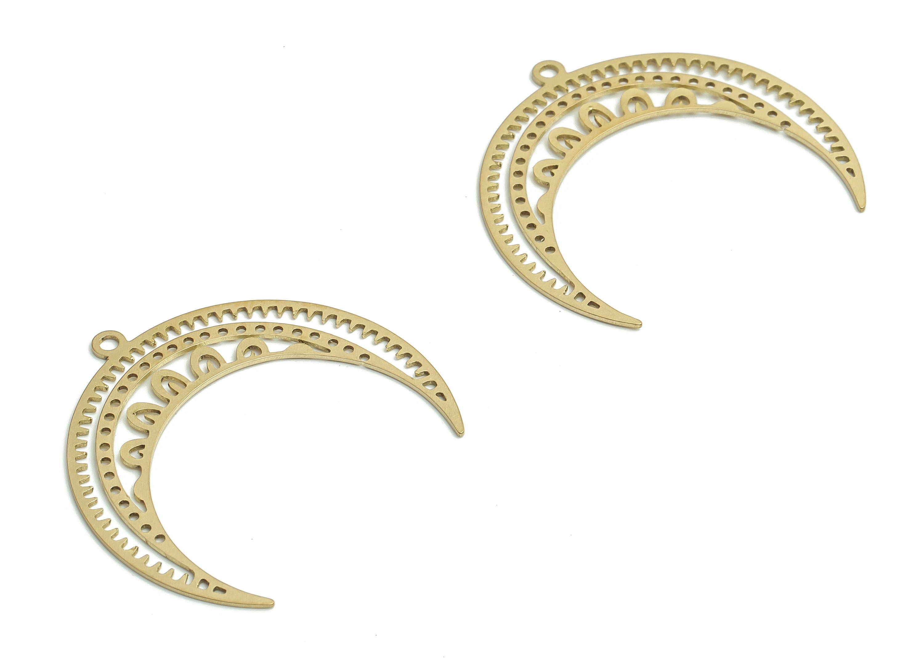Brass Crescent Earring Charms - Raw Brass Hollow Moon Pendant - Jewelry Making Supplies - 34.14x32.46x0.65mm - PP4794 - DOMEDBAZAAR