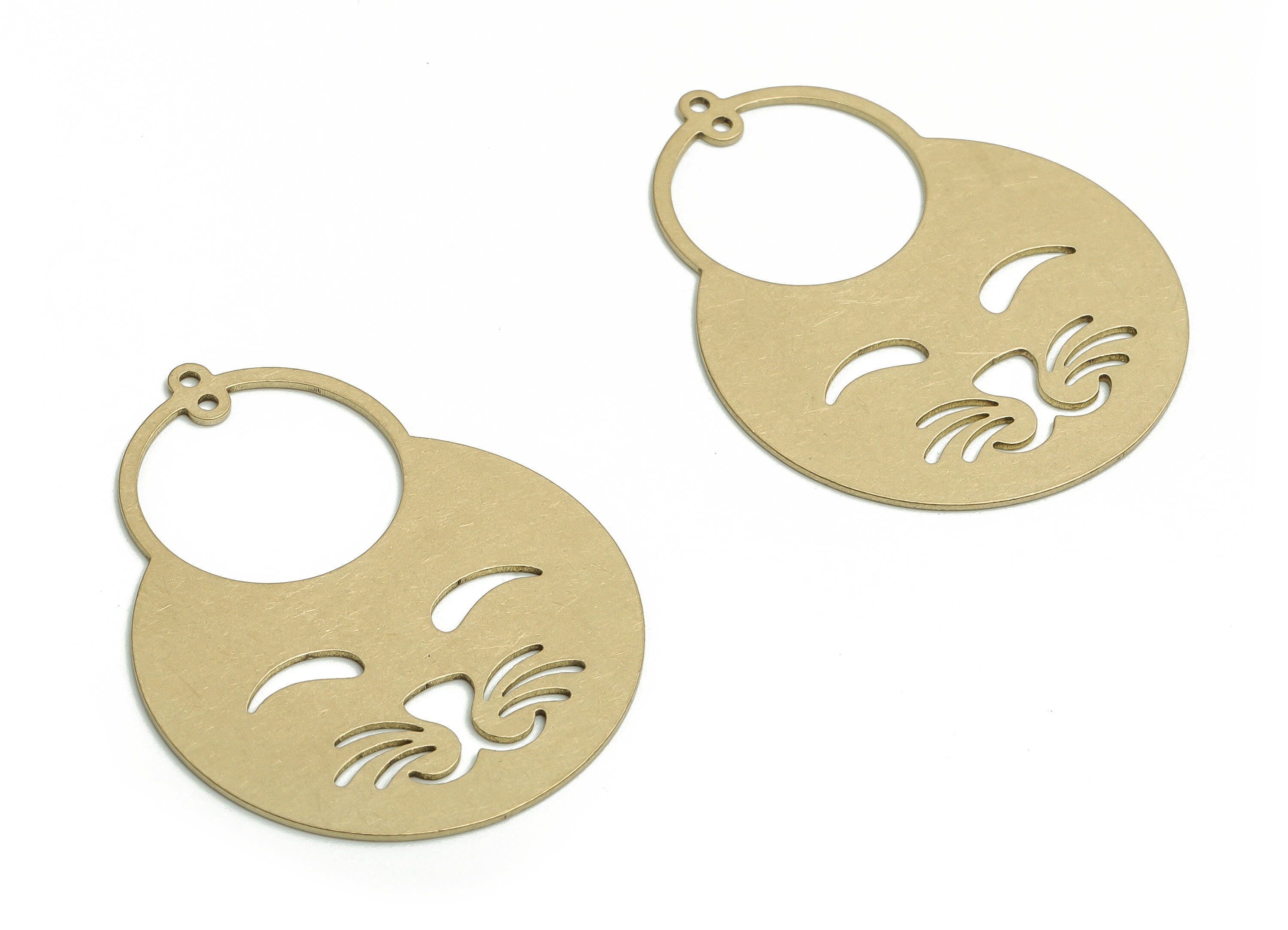 Brass Round Cat Face Earring Charms - Raw Brass Cat Circle Pendant - DIY Jewelry Supplies - 36.29x27.89x0.6mm - PP4800 - DOMEDBAZAAR