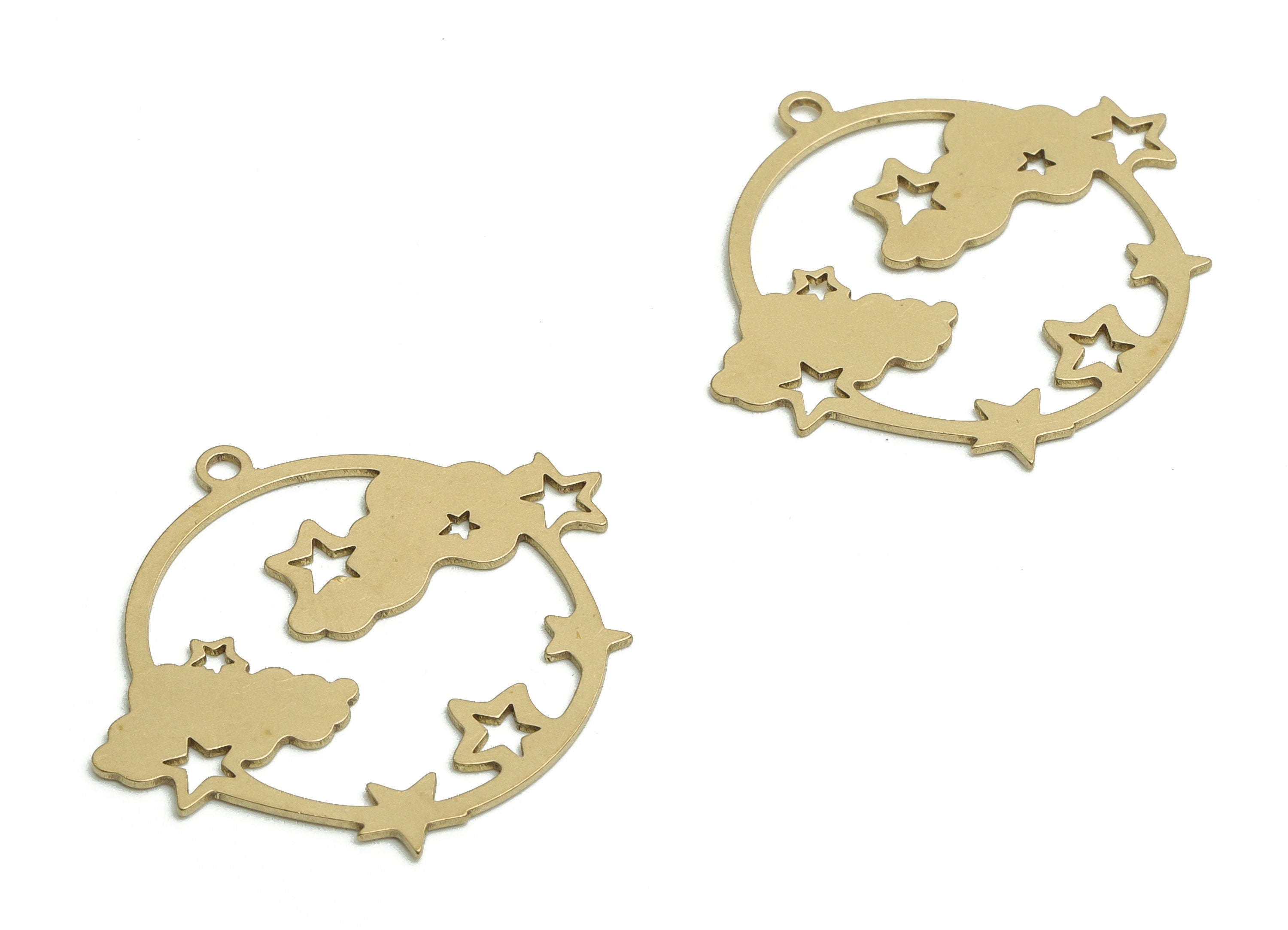 Brass Round Earring Charms - Raw Brass Star Cloud Pendant - DIY Jewelry Making Supplies - 30.29x26.5x0.65mm - PP4757 - DOMEDBAZAAR