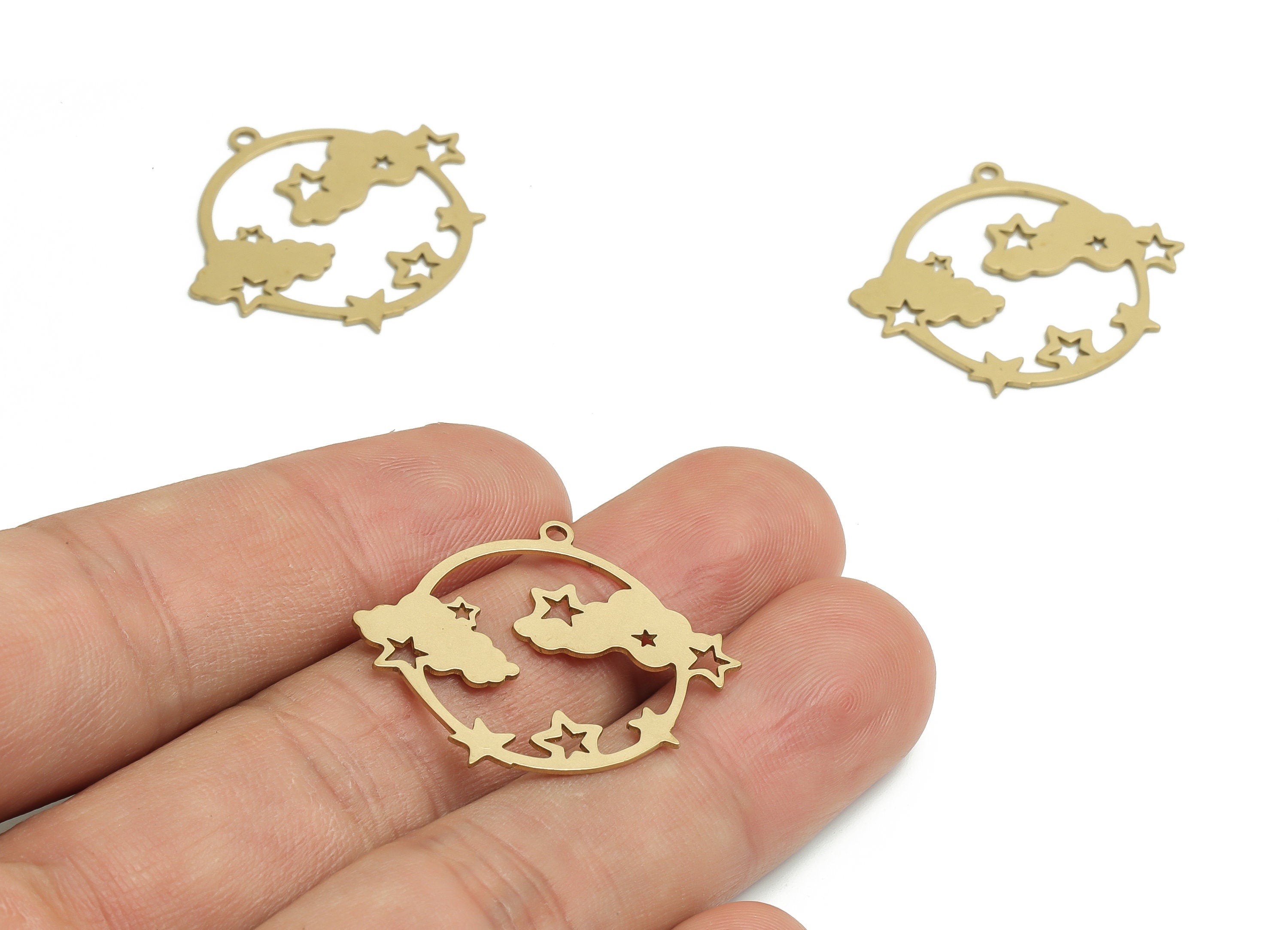 Brass Round Earring Charms - Raw Brass Star Cloud Pendant - DIY Jewelry Making Supplies - 30.29x26.5x0.65mm - PP4757 - DOMEDBAZAAR