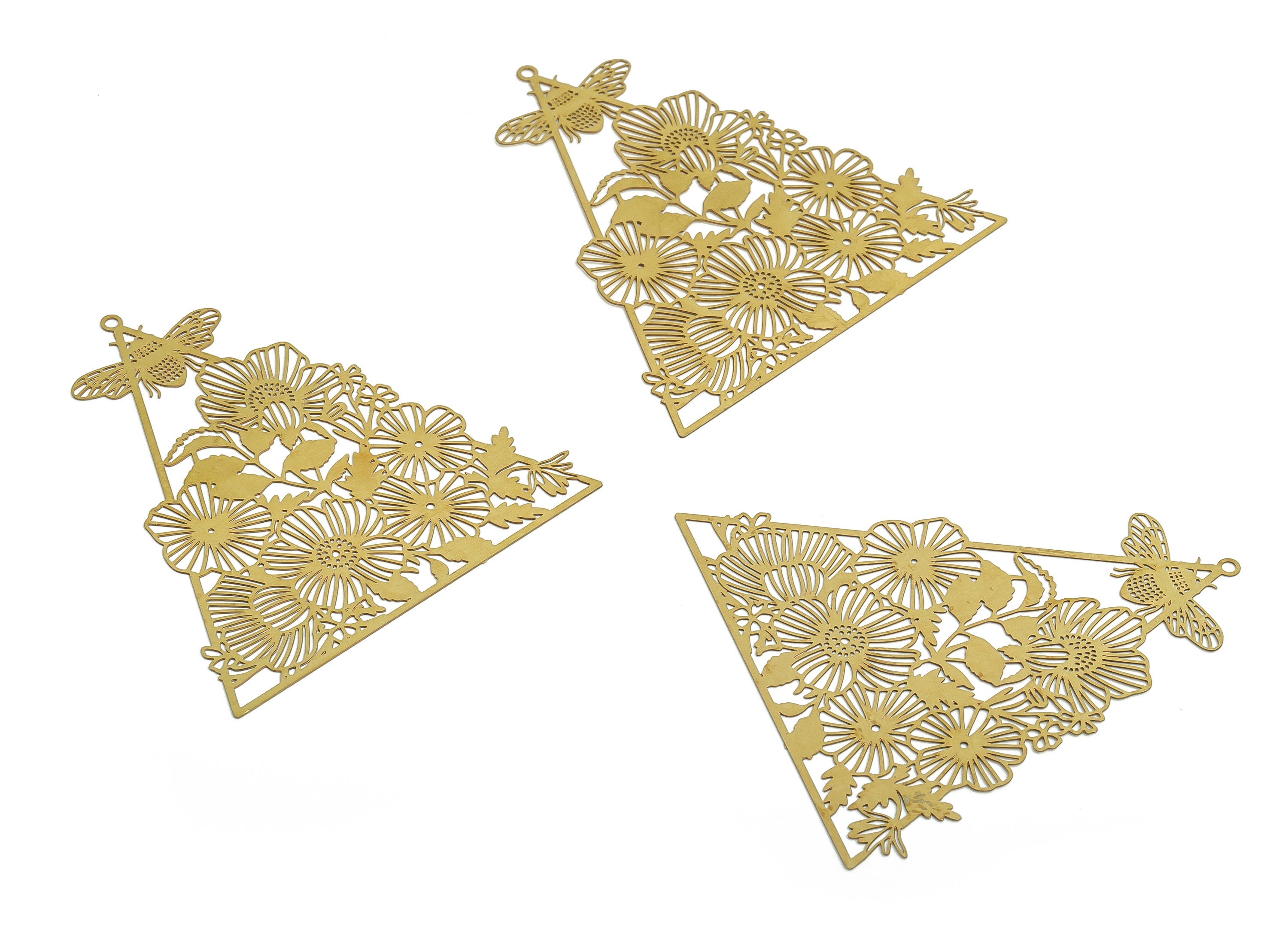 Brass Triangle Earring Charms - Raw Brass Bee Flowers Pendant - Jewelry Making Supplies - 56.74x53.22x0.29mm - JJA4690 - DOMEDBAZAAR