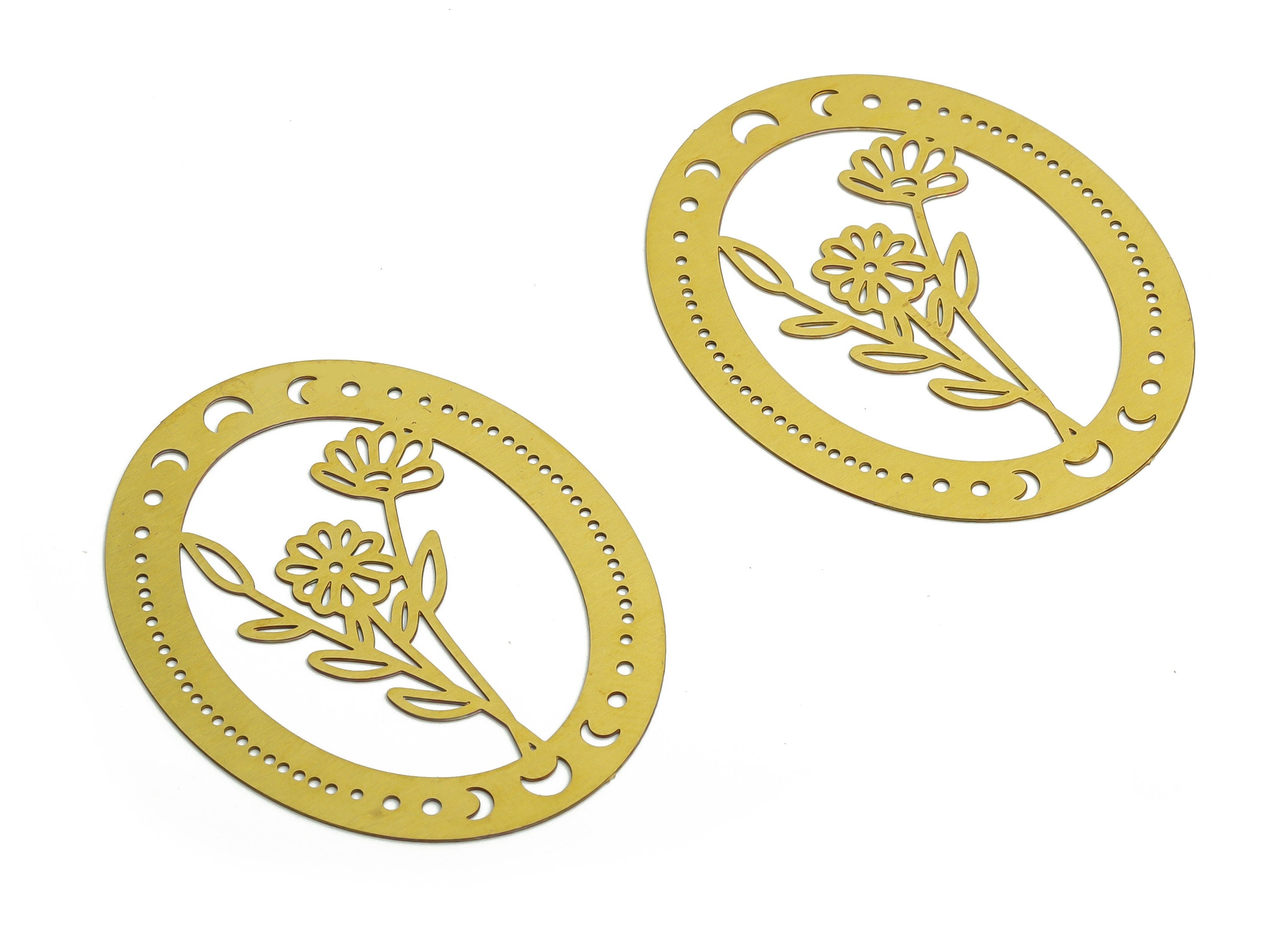 Brass Oval Earring Charms - Raw Brass Flower Moon Pendant - Jewelry Making Supplies - 37.95x30.44x0.28mm - JJB6767 - DOMEDBAZAAR