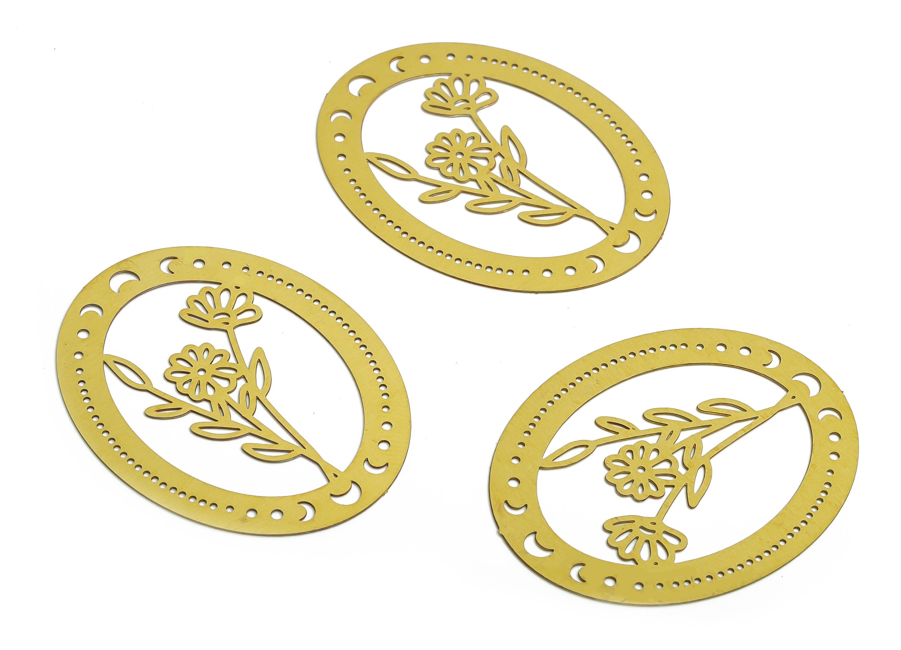 Brass Oval Earring Charms - Raw Brass Flower Moon Pendant - Jewelry Making Supplies - 37.95x30.44x0.28mm - JJB6767 - DOMEDBAZAAR