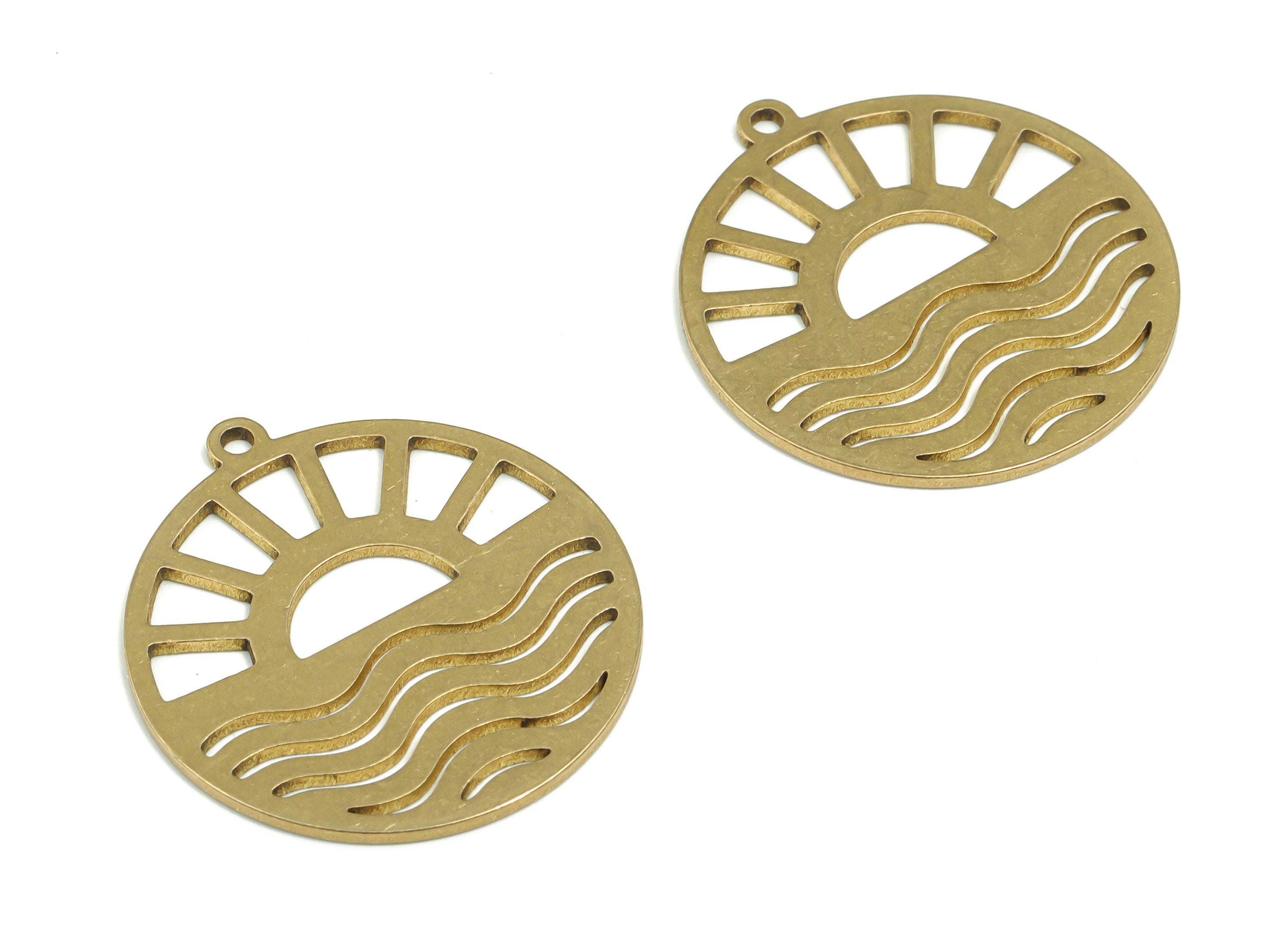 Brass Round Sun Waves Earring Charms - Raw Brass The Sun Shines On The Sea Pendant - Jewelry Making Supplies - 27.11x24.87x0.89mm - PPZ0070 - DOMEDBAZAAR