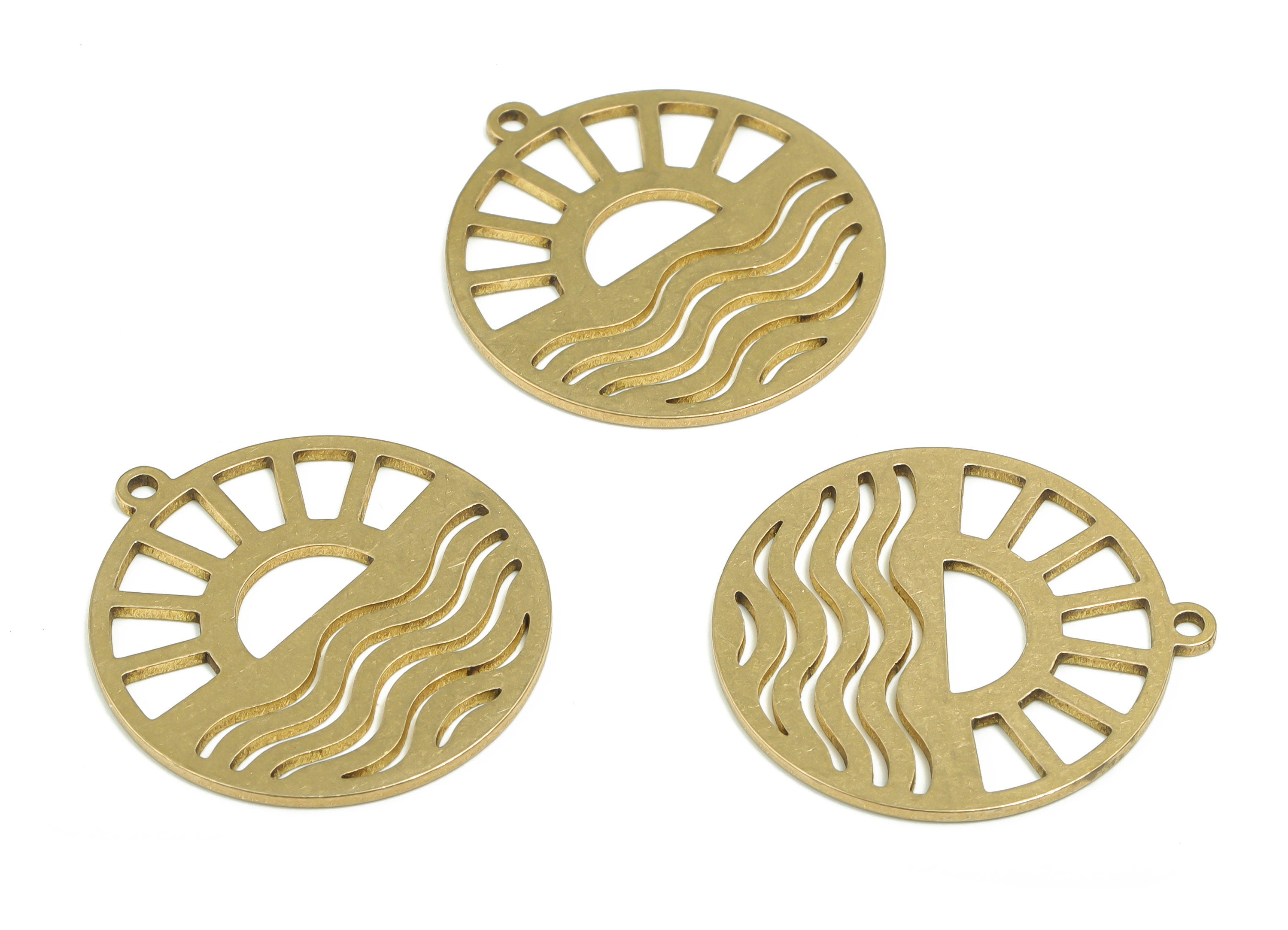 Brass Round Sun Waves Earring Charms - Raw Brass The Sun Shines On The Sea Pendant - Jewelry Making Supplies - 27.11x24.87x0.89mm - PPZ0070 - DOMEDBAZAAR