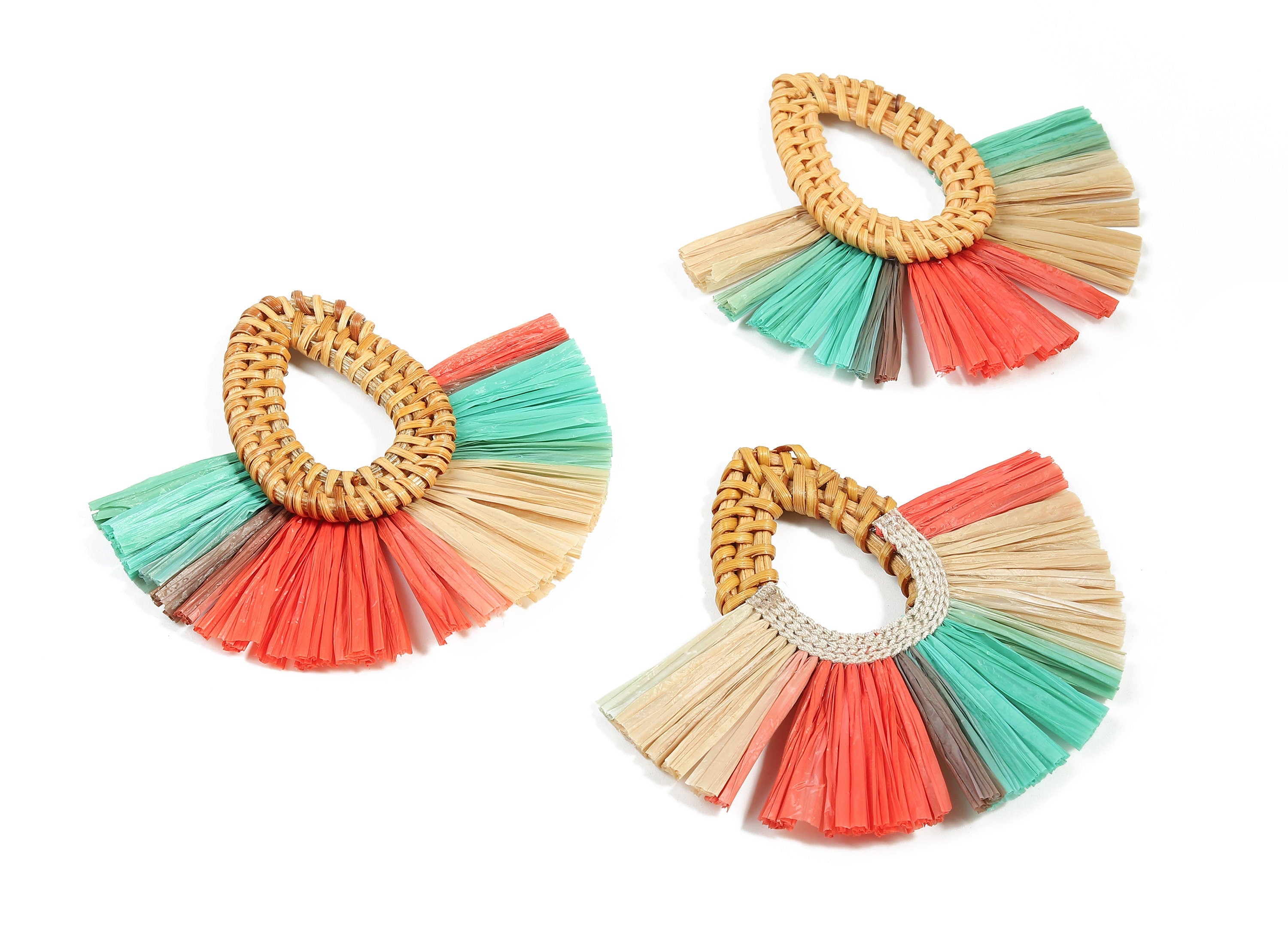 Rattan Raffia Tassel Drop Charms - Drop Earrings with Fan Tassels - Handmade Rattan - Woven Earrings - 75.53x70.72x5.48mm - RT1341 - DOMEDBAZAAR