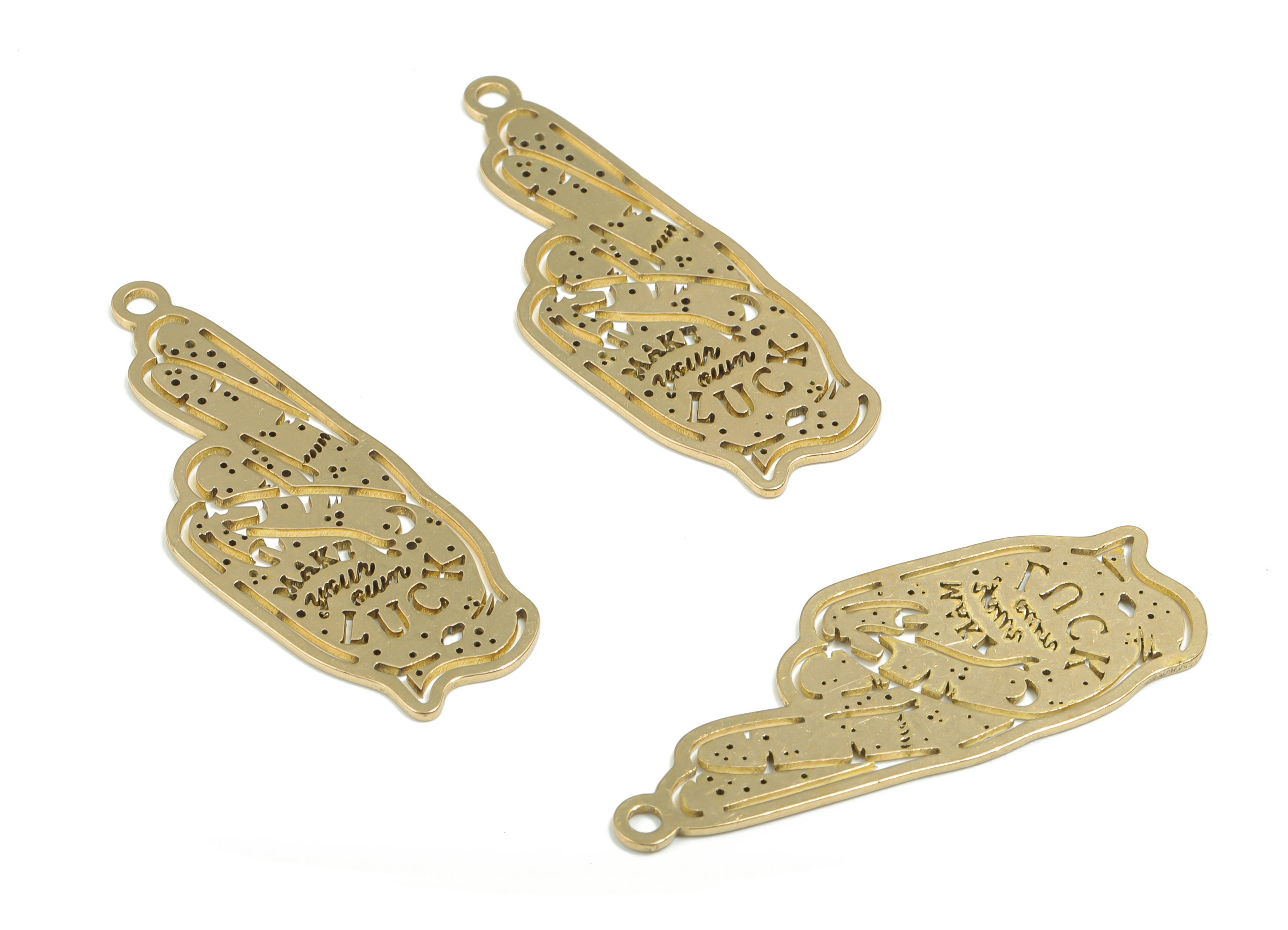 Brass Hand Signs Earring Charms - Raw Brass Hand Luck Pendant - Jewelry Making Supplies - 39.45mm x 15.06mm x 0.85mm - PPZ0014 - DOMEDBAZAAR