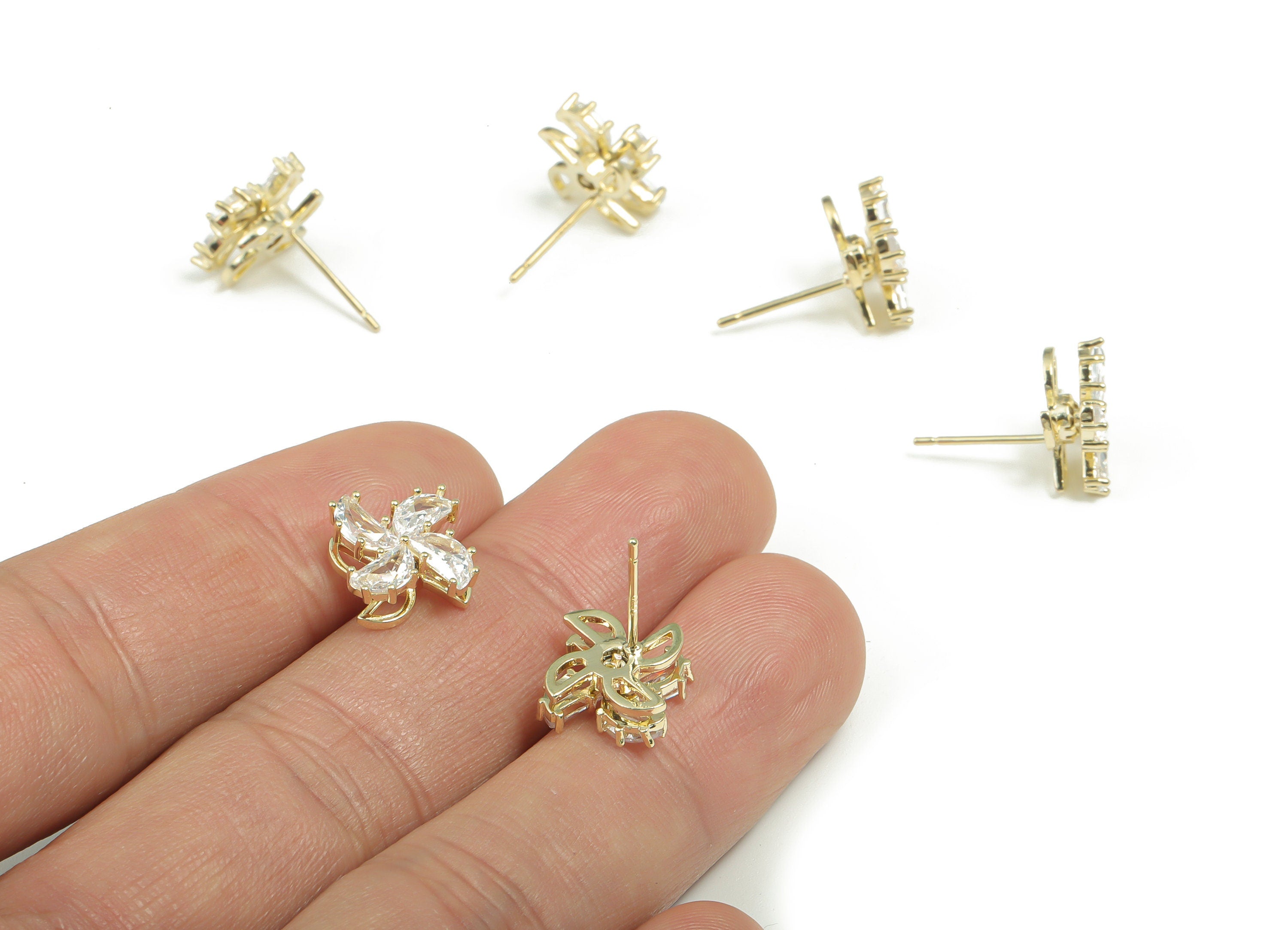 Brass Flower Earring Stud With Zircons - Gold Flower Post - Turning Earrings - 14K Real Gold Plated Brass - 10.47x10.47x4.61mm - RGP4173 - DOMEDBAZAAR