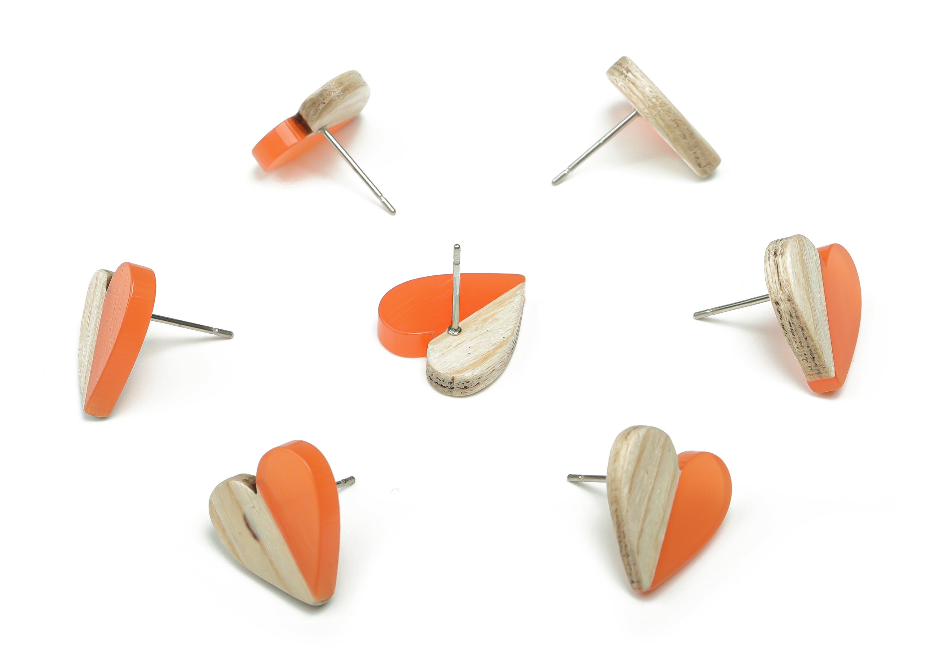 Resin Heart Earring Stud - Plain Wood Heart Post - 316 Surgical Stainless Steel Stud - Jewelry Making Supplies - 14.76x14.3x3.12mm - BB1133A - DOMEDBAZAAR