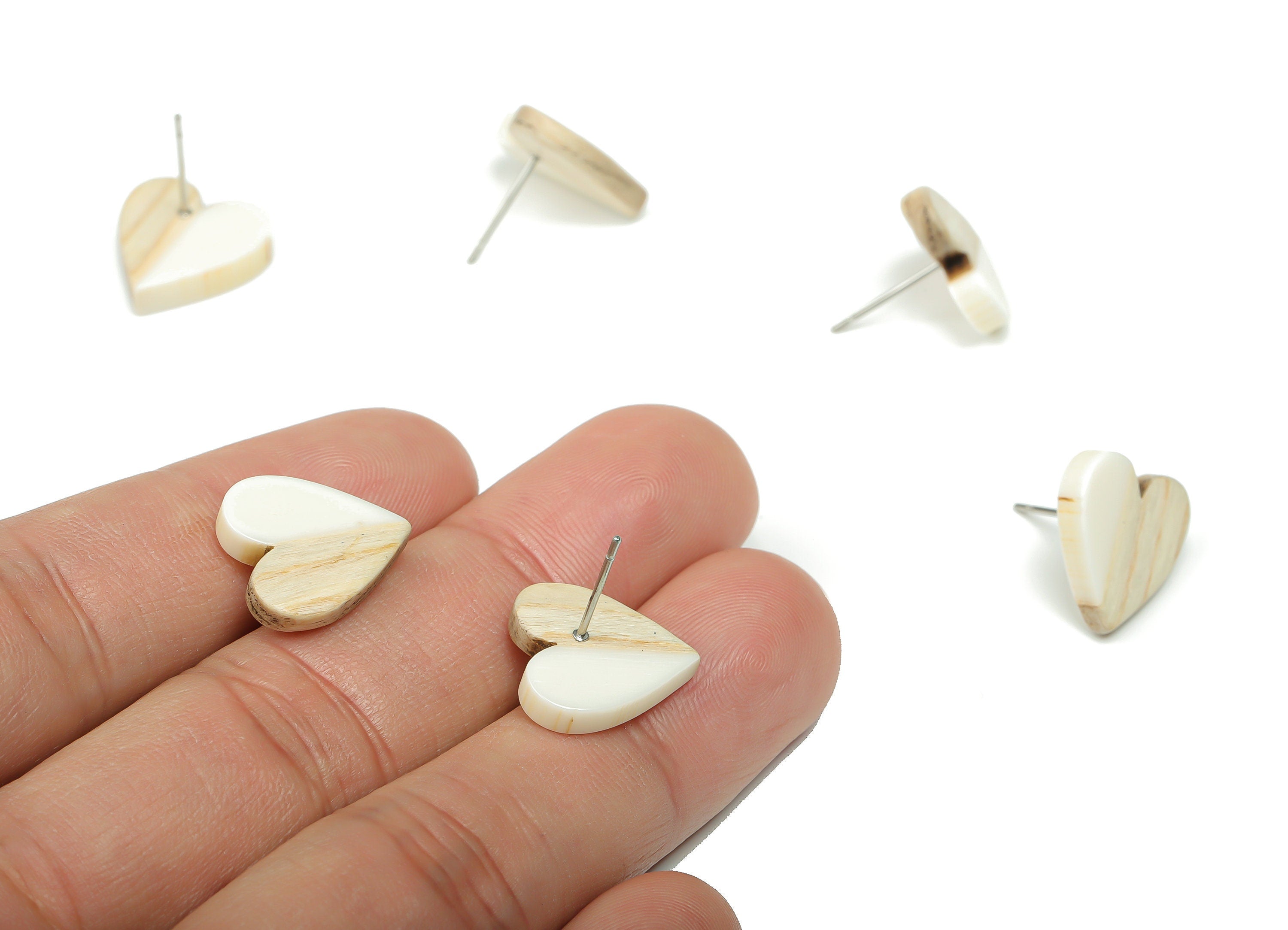 Resin Heart Earring Stud - Plain Wood Heart Post - 316 Surgical Stainless Steel Stud - Jewelry Making Supplies - 14.76x14.3x3.12mm - BB1133B - DOMEDBAZAAR