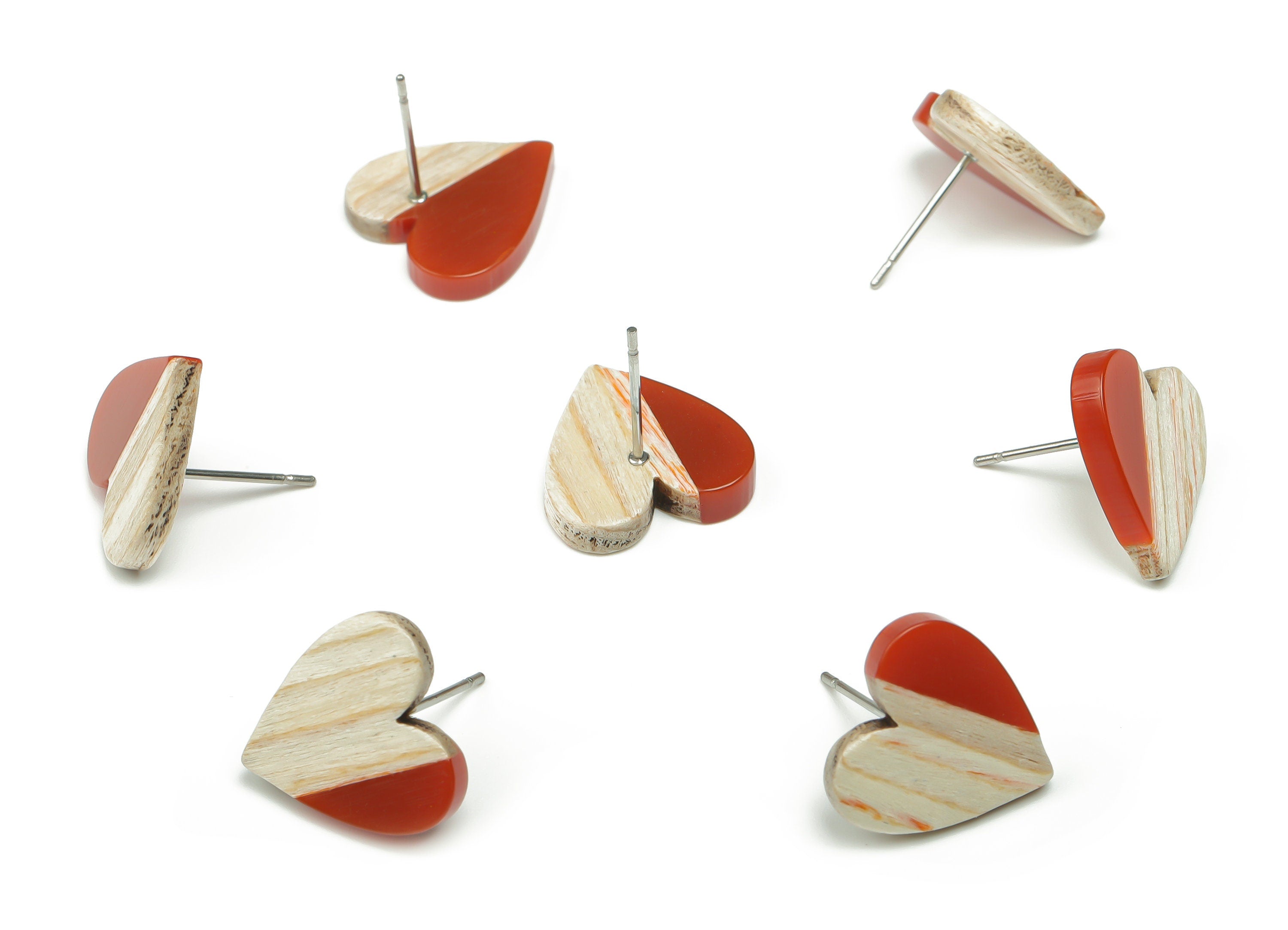 Resin Heart Earring Stud - Plain Wood Heart Post - 316 Surgical Stainless Steel Stud - Jewelry Making Supplies - 14.76x14.3x3.12mm - BB1133J - DOMEDBAZAAR