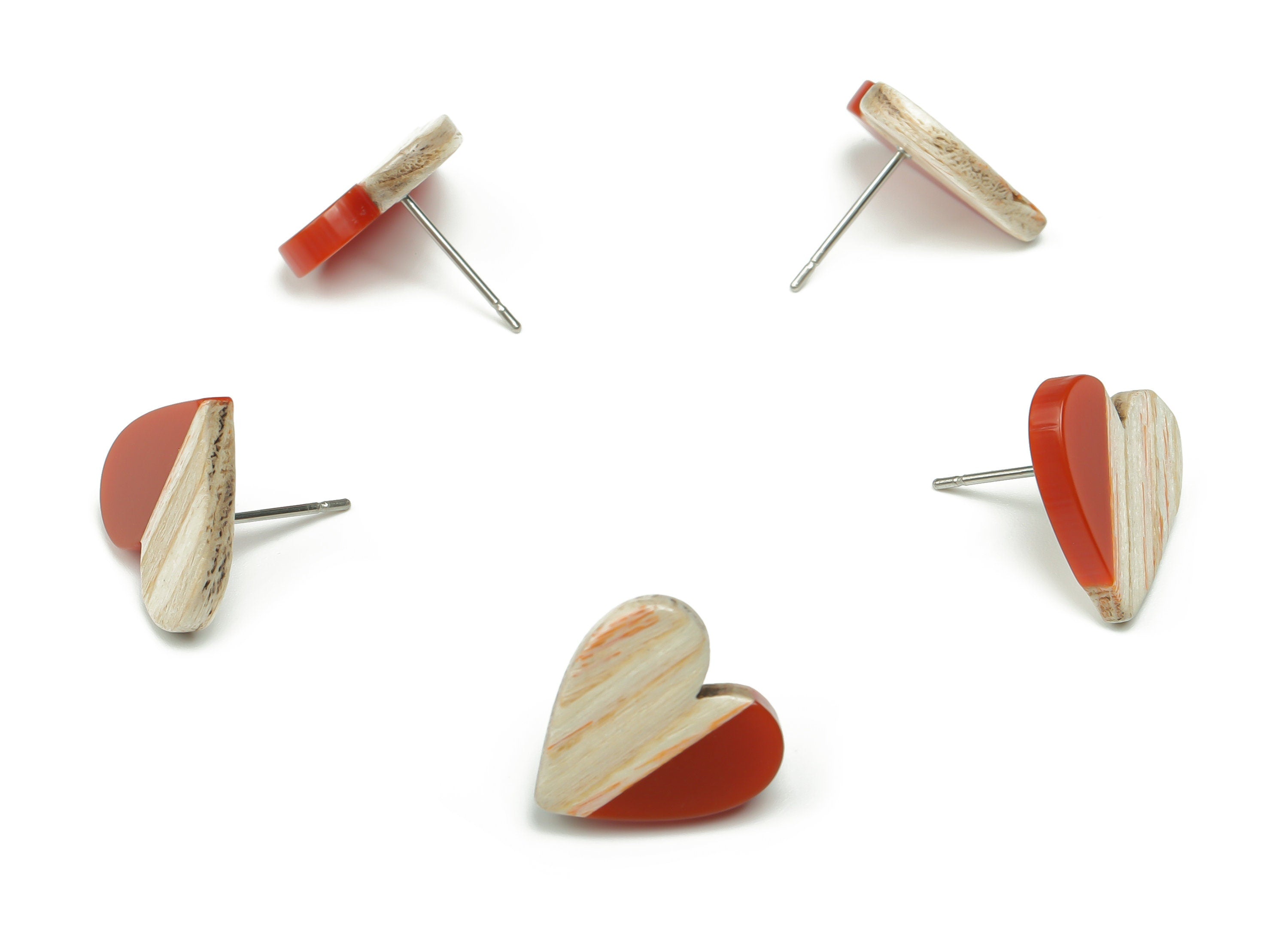 Resin Heart Earring Stud - Plain Wood Heart Post - 316 Surgical Stainless Steel Stud - Jewelry Making Supplies - 14.76x14.3x3.12mm - BB1133J - DOMEDBAZAAR