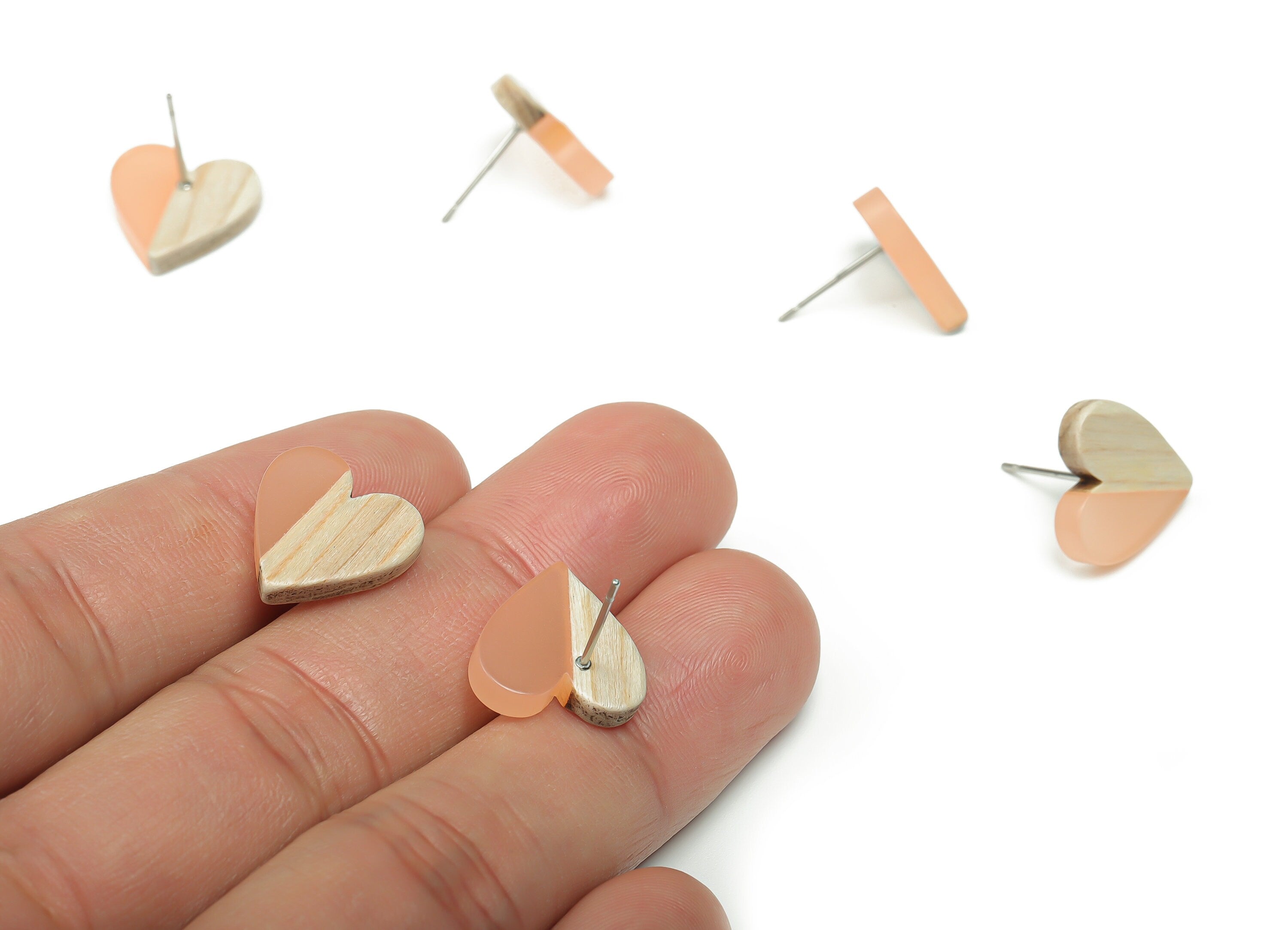 Resin Heart Earring Stud - Plain Wood Heart Post - 316 Surgical Stainless Steel Stud - Jewelry Making Supplies - 14.76x14.3x3.12mm - BB1133K - DOMEDBAZAAR