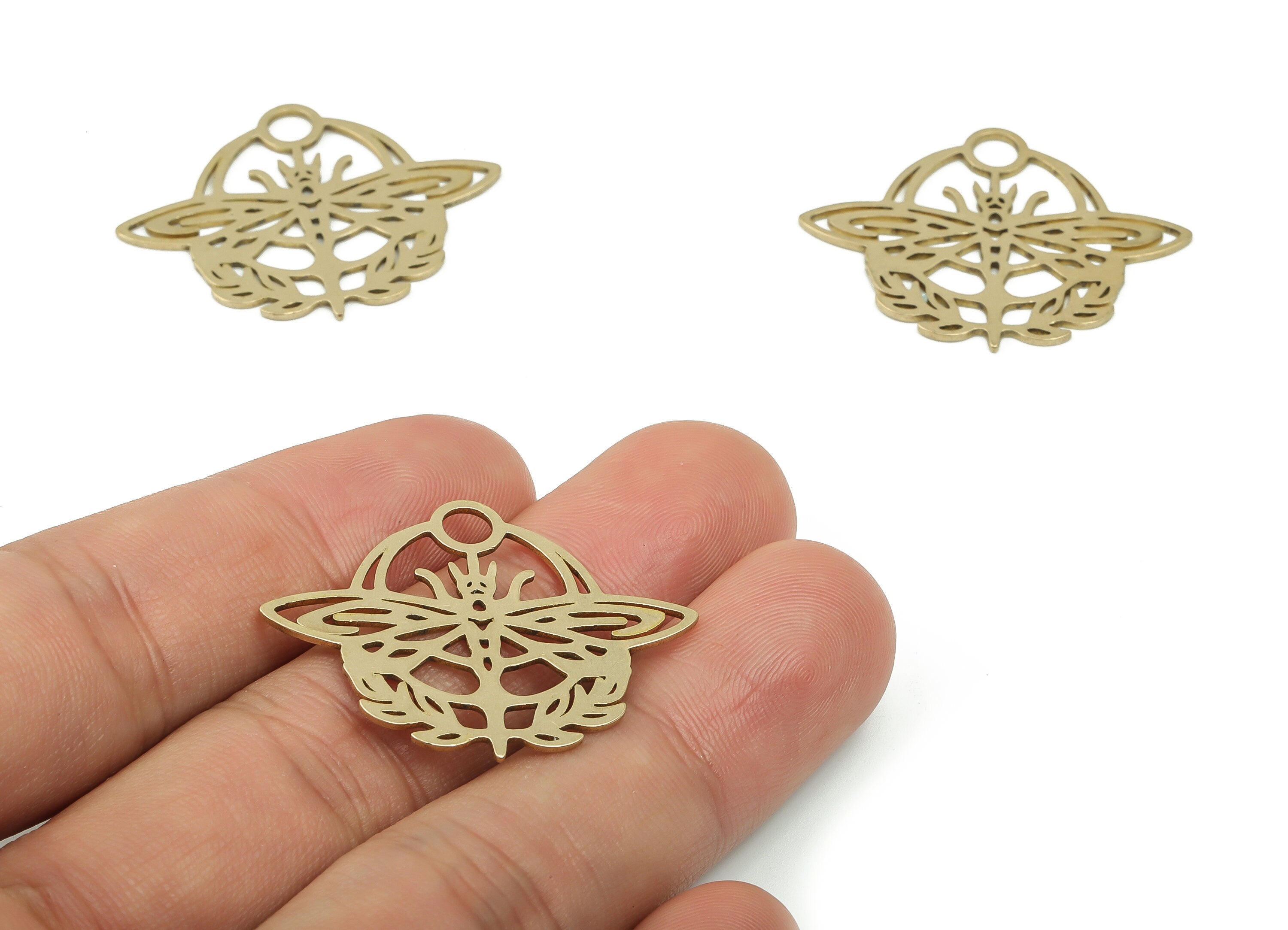 Brass Dragonfly Earring Charms - Raw Brass Wheat Ears Pendant - Dainty Insect  - Jewelry Making Supplies - 34.62x27.4x0.83mm - PPZ0010 - DOMEDBAZAAR