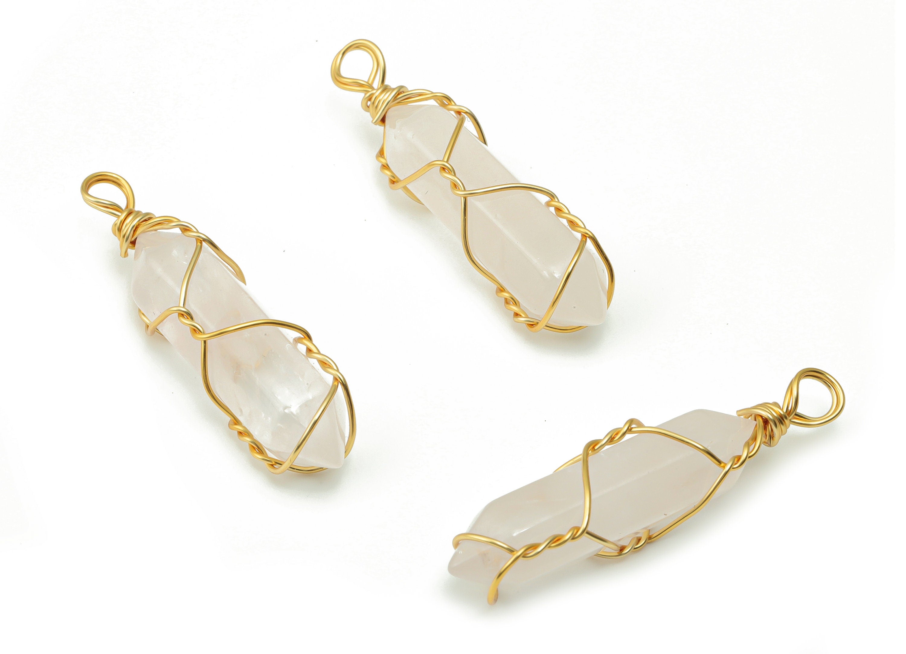 Rose Quartz Earring Charms - Brass Wire Wrapped Pendant - Crystal Healing - Natural Stone - Gold Tone Plated Brass – 39.6x10x9.6mm – NS1555A - DOMEDBAZAAR
