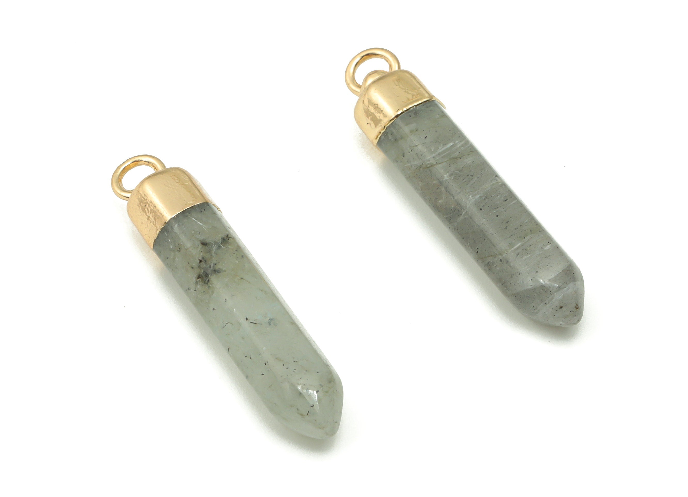 Labradorite Spike Earring Charms - Brass Strip Pendant - Healing Charms - Natural Stone - Gold Tone Plated Brass – 29.4x5.58x5.6mm–NS1549A - DOMEDBAZAAR