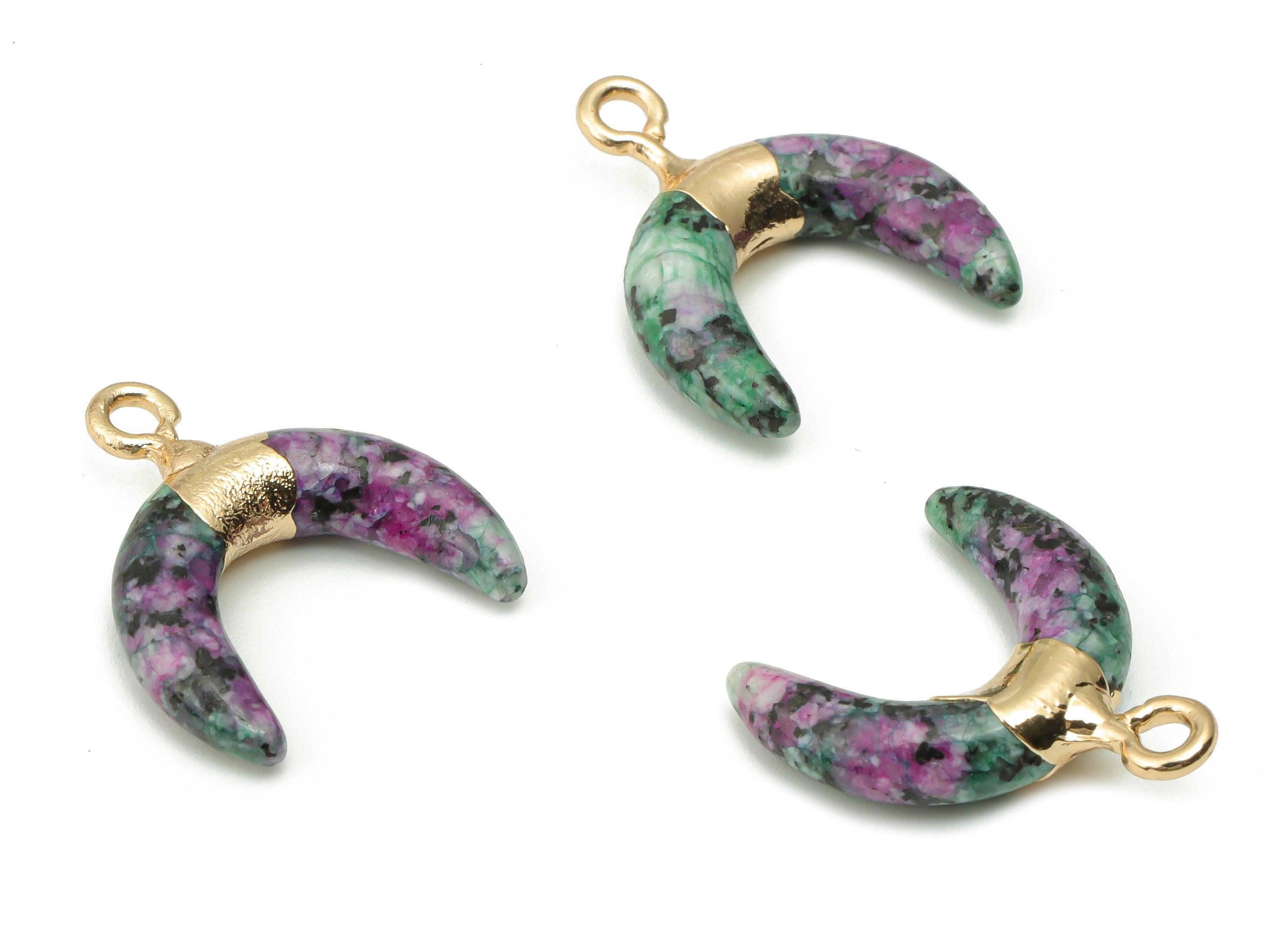 Ruby zoisite Ox Horn Earring Charms - Gold Crescent Pendant - Gold Tone Plated Brass – Jewelry Making Supplies - 18.1x16.34x4.37mm – NS1556 - DOMEDBAZAAR