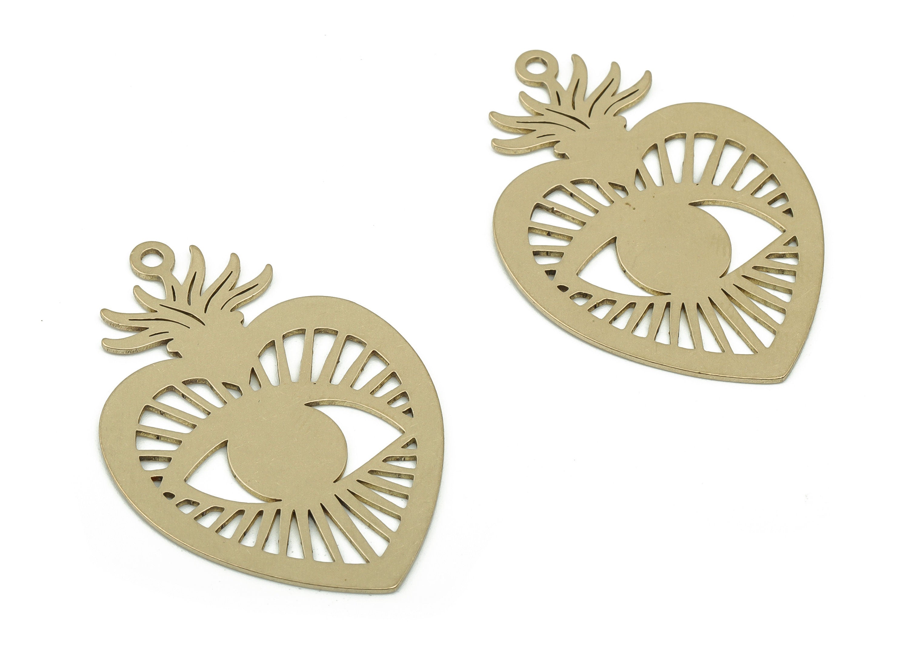 Brass Heart Shaped Eye Earring Charm - Raw Brass Eye Pendant Charm - Laser Cut Charms - Jewelry Making Supplies -34.81x24.26x0.66mm- PP4834 - DOMEDBAZAAR