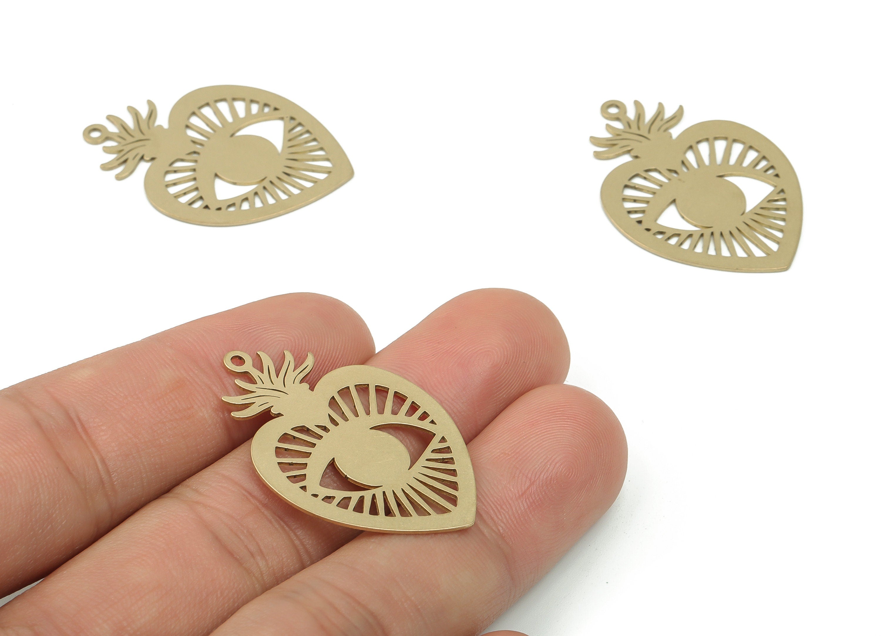 Brass Heart Shaped Eye Earring Charm - Raw Brass Eye Pendant Charm - Laser Cut Charms - Jewelry Making Supplies -34.81x24.26x0.66mm- PP4834 - DOMEDBAZAAR