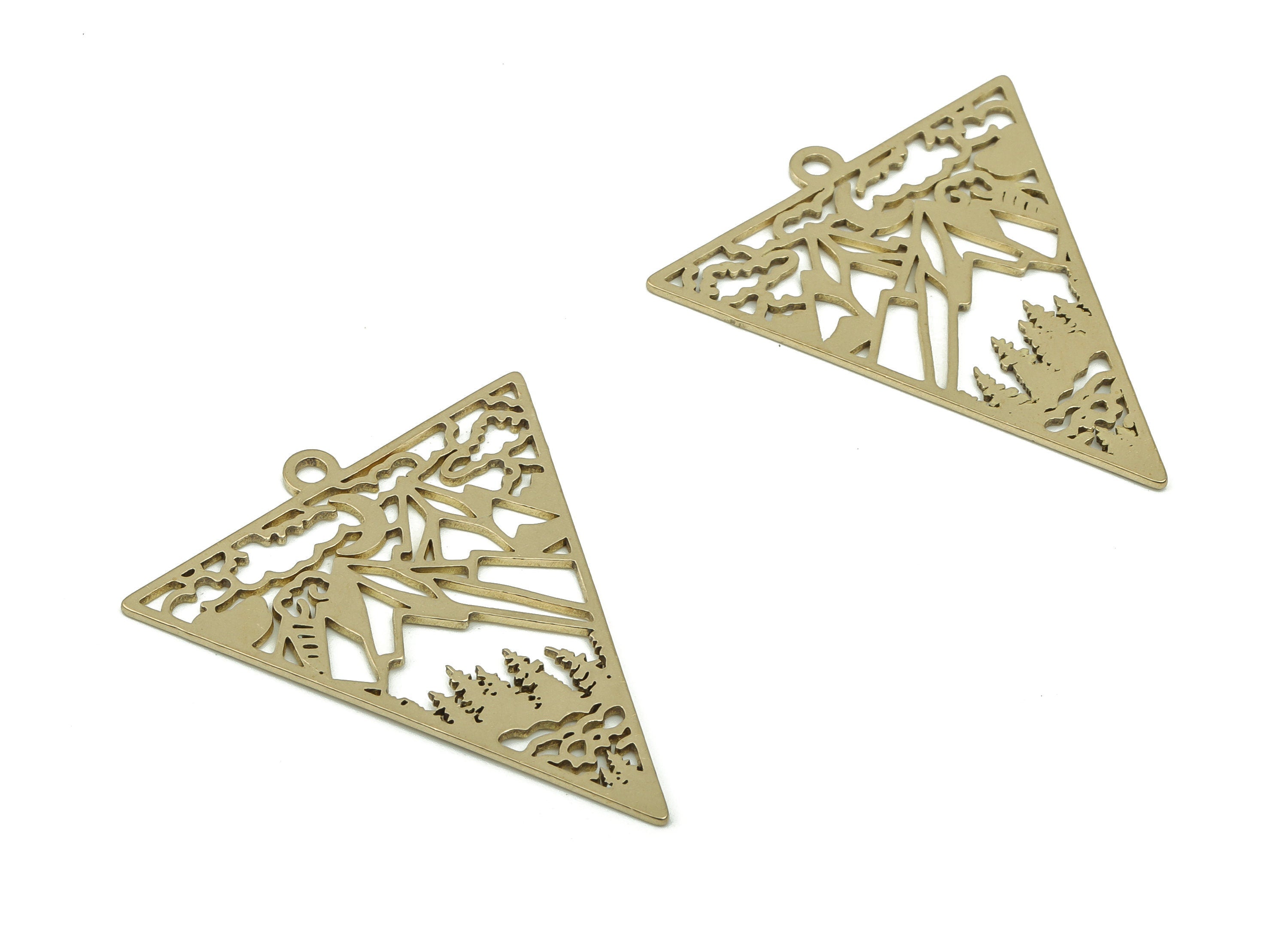 Brass Triangle Earring Charms - Raw Brass Landscape Trees Moon Pendant - Jewelry Making Supplies - 38.43x33.15x0.83mm - PPA0088 - DOMEDBAZAAR