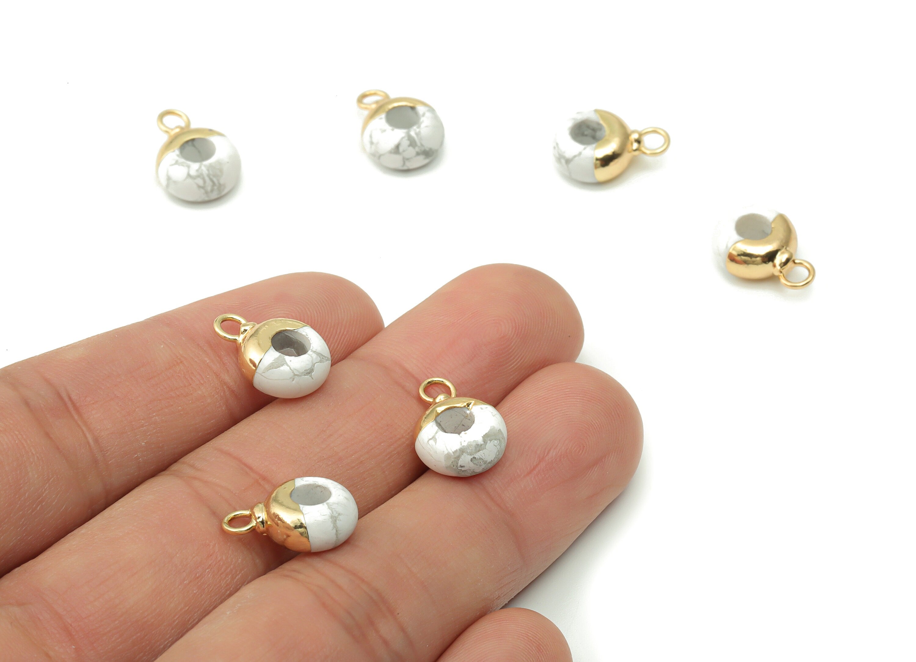 White Turquoise Circle Charms - Brass Hoop Pendant - Natural Stone - Gold Tone Plated Brass – Jewelry Supplies - 14.01x9.93x5mm – NS1550A - DOMEDBAZAAR