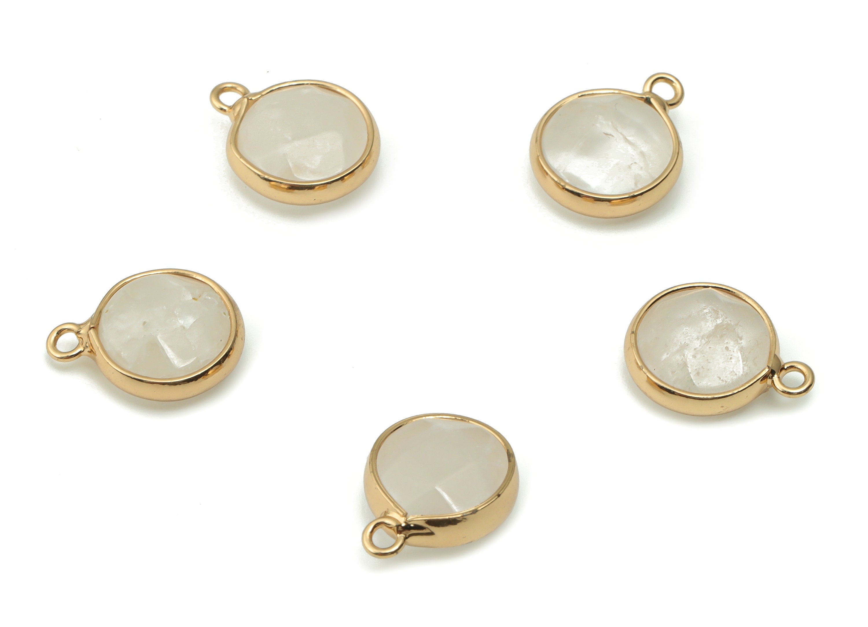 Clear Quartz Round Charms - Brass Circle Pendant - Natural Stone - Gold Tone Plated Brass – Jewelry Supplies - 14.03x10.97x5.35mm – NS1553A - DOMEDBAZAAR