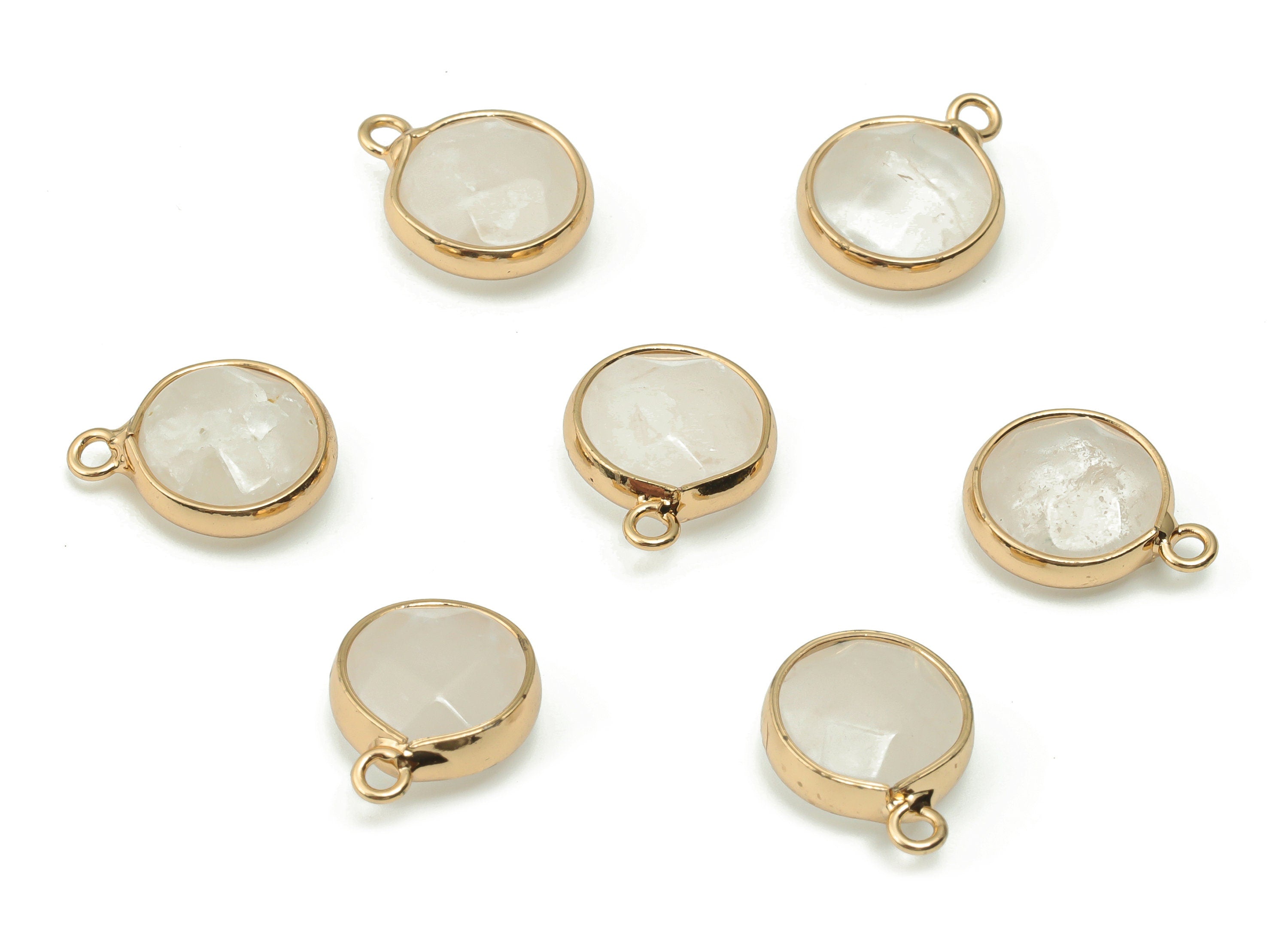 Clear Quartz Round Charms - Brass Circle Pendant - Natural Stone - Gold Tone Plated Brass – Jewelry Supplies - 14.03x10.97x5.35mm – NS1553A - DOMEDBAZAAR