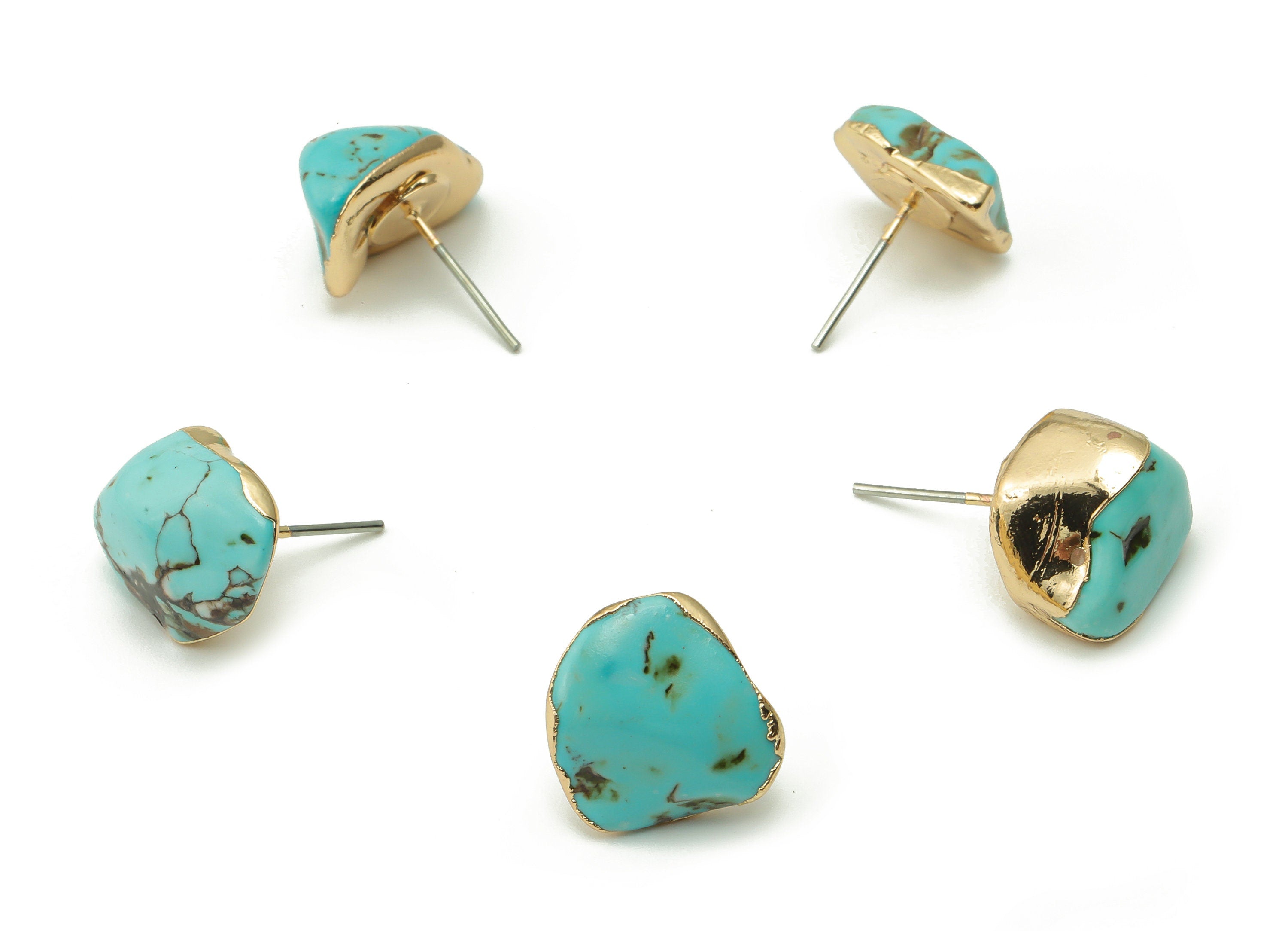 Turquoise Earring Stud - Brass Drop Earring Post - Natural Stone - Gold Tone Plated Brass – Stainless Steel Stud - 12.9x9.4x4.6mm – NS1551 - DOMEDBAZAAR