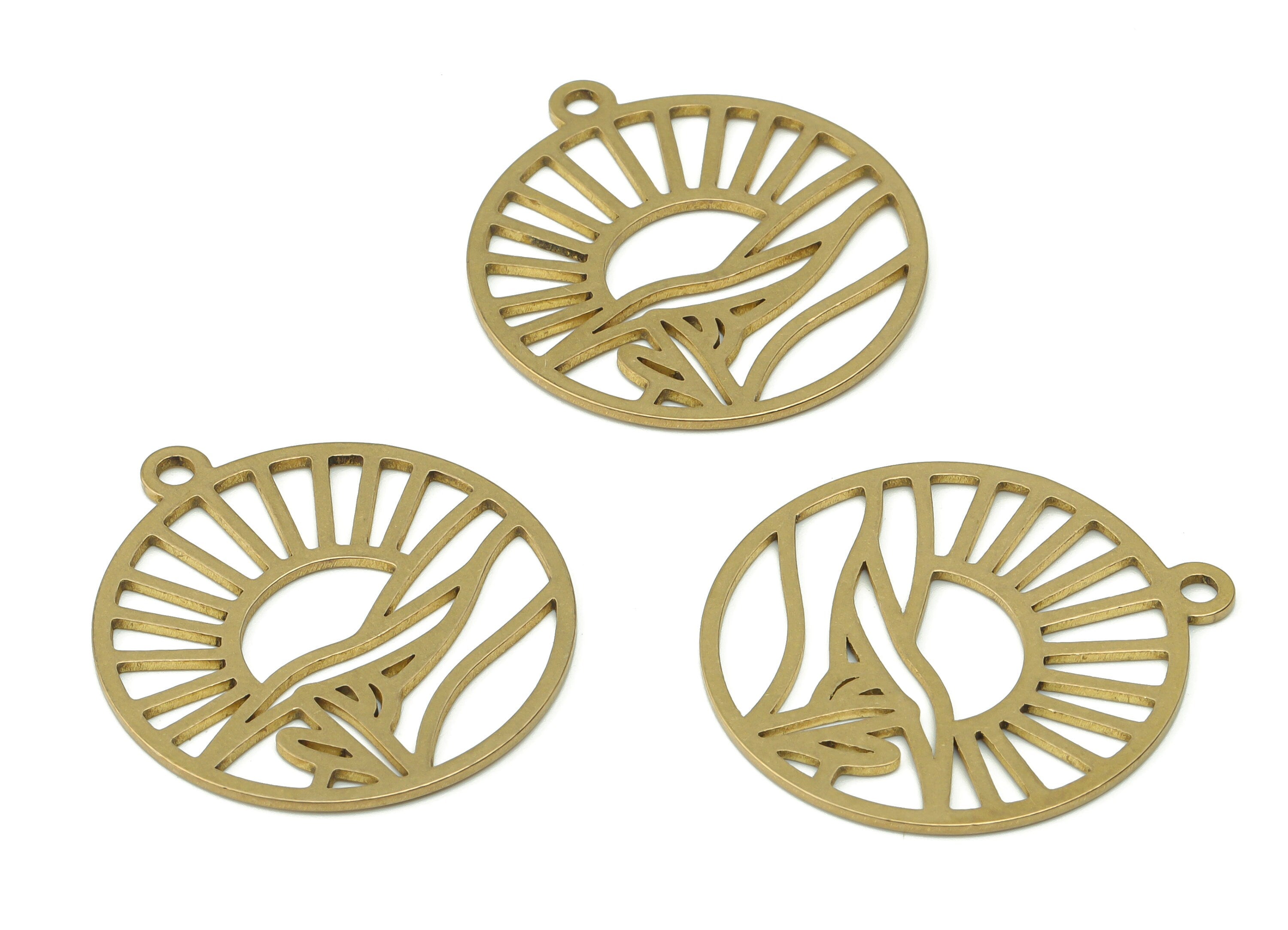 Brass Round Sea Sparkle Earring Charms - Raw Brass Sun Waves Pendant - Jewelry Making Supplies - 33.29x29.8x0.85mm - PPZ0054 - DOMEDBAZAAR