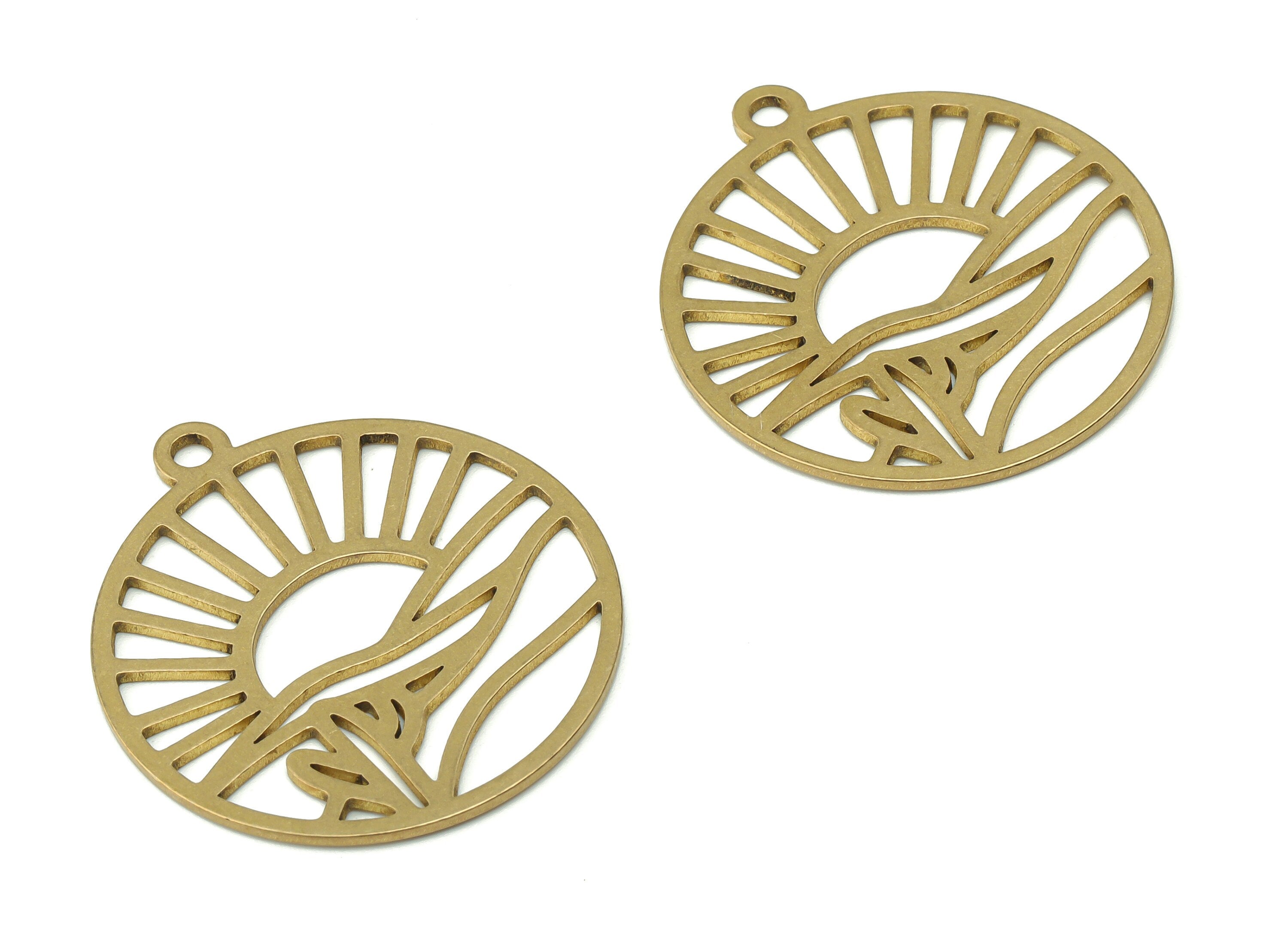 Brass Round Sea Sparkle Earring Charms - Raw Brass Sun Waves Pendant - Jewelry Making Supplies - 33.29x29.8x0.85mm - PPZ0054 - DOMEDBAZAAR